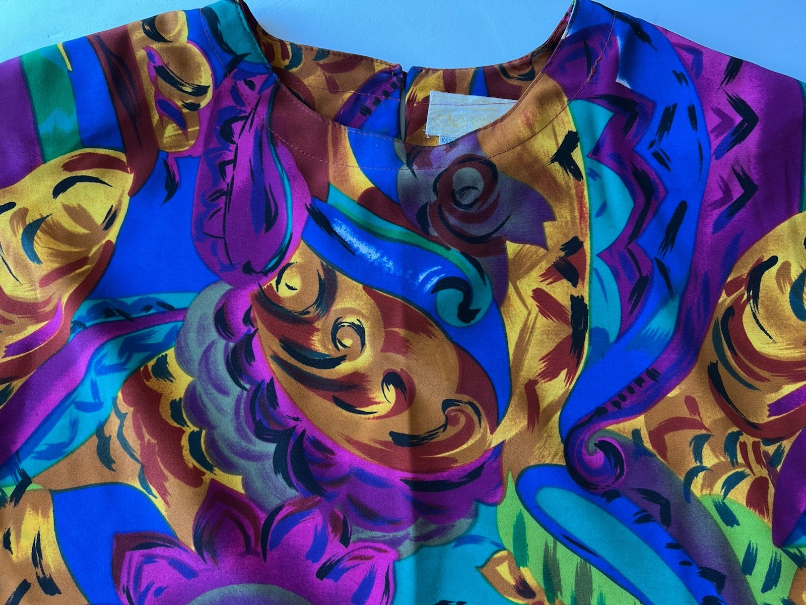 Vintage 90s Abstract Paisley Blouse M Jewel Tone Art Print Colorful Boho Funky