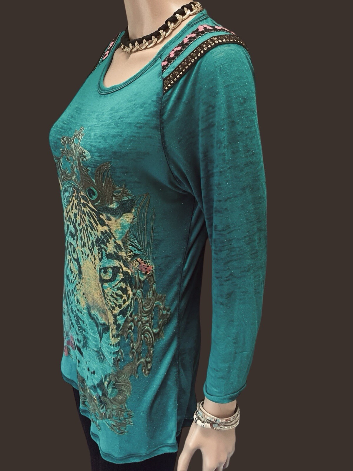 Custo Barcelona Top Vintage Y2K Leopard Print Graphic Cotton Burnout Boho Luxe