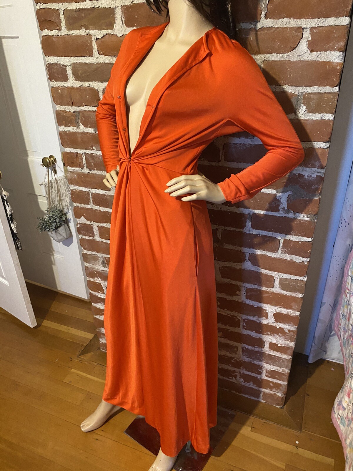 Halston IV Vintage 70s Women’s Dorian Caftan Maxi Dress Orange Red O/S Deep V