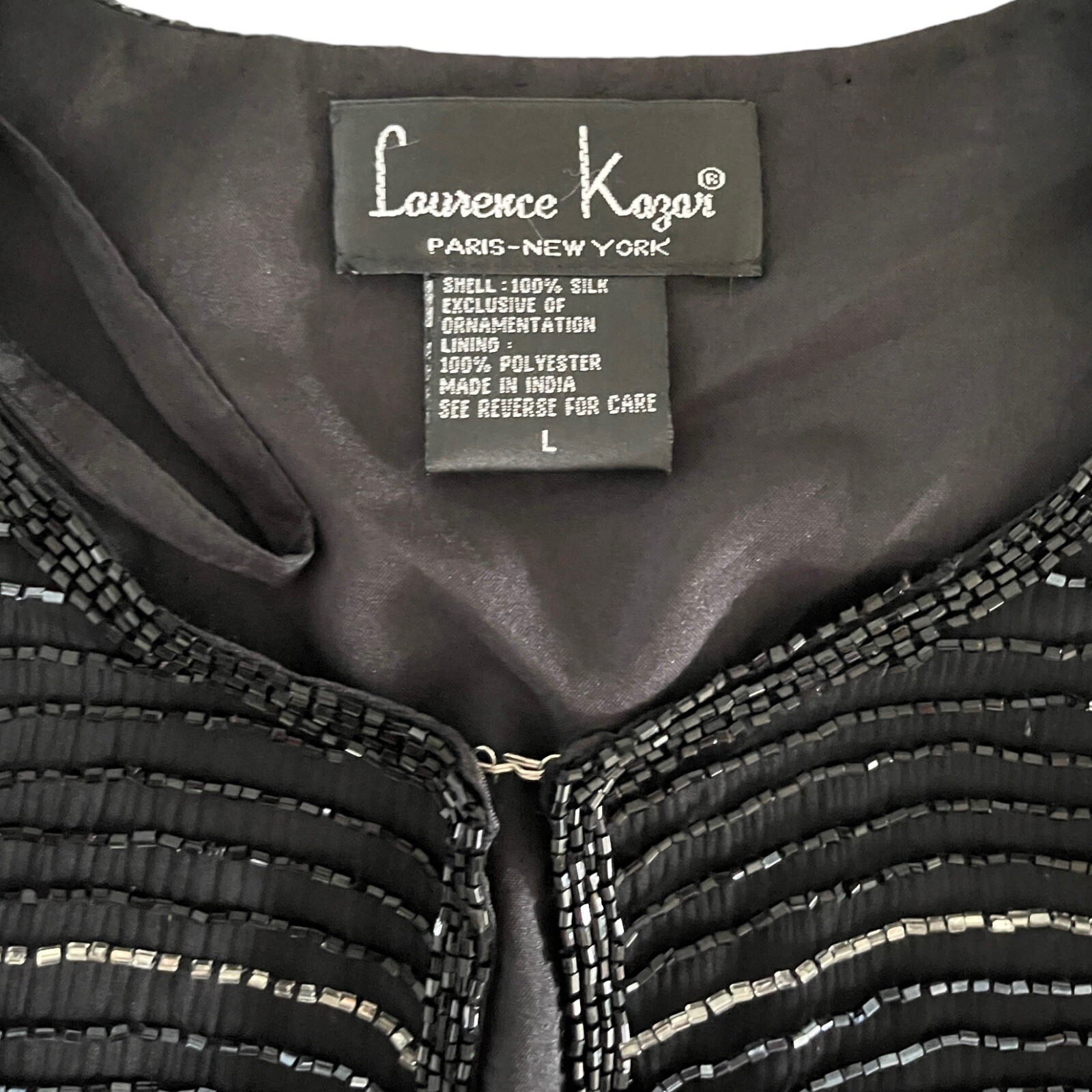 80s Laurence Kazar Hand Beaded Silk Jacket Black Wedding Guest Formal Blazer L