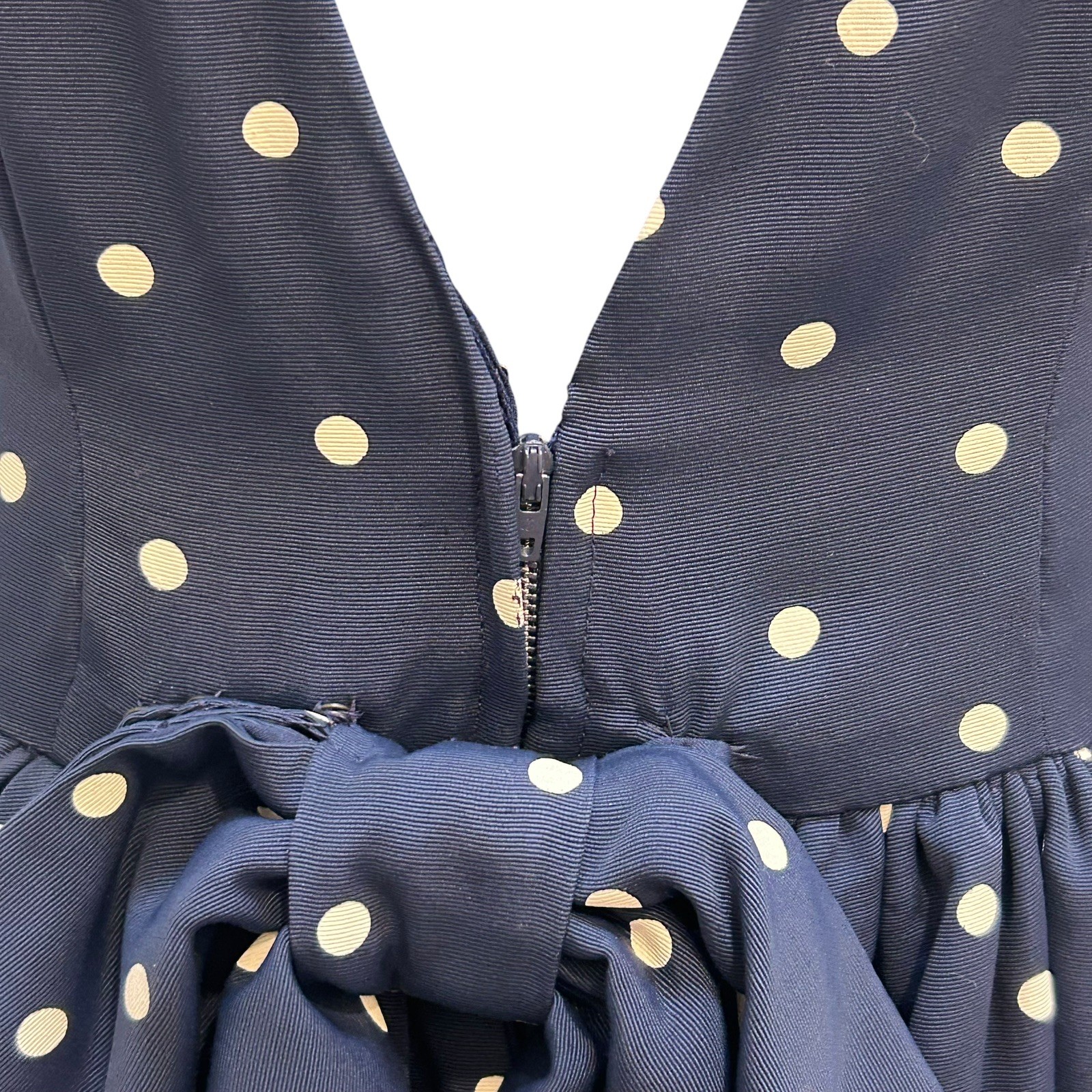 Vintage 1980s 1990s Polka Dot Dress Navy Blue Bow Lace Trussel Size XS or S