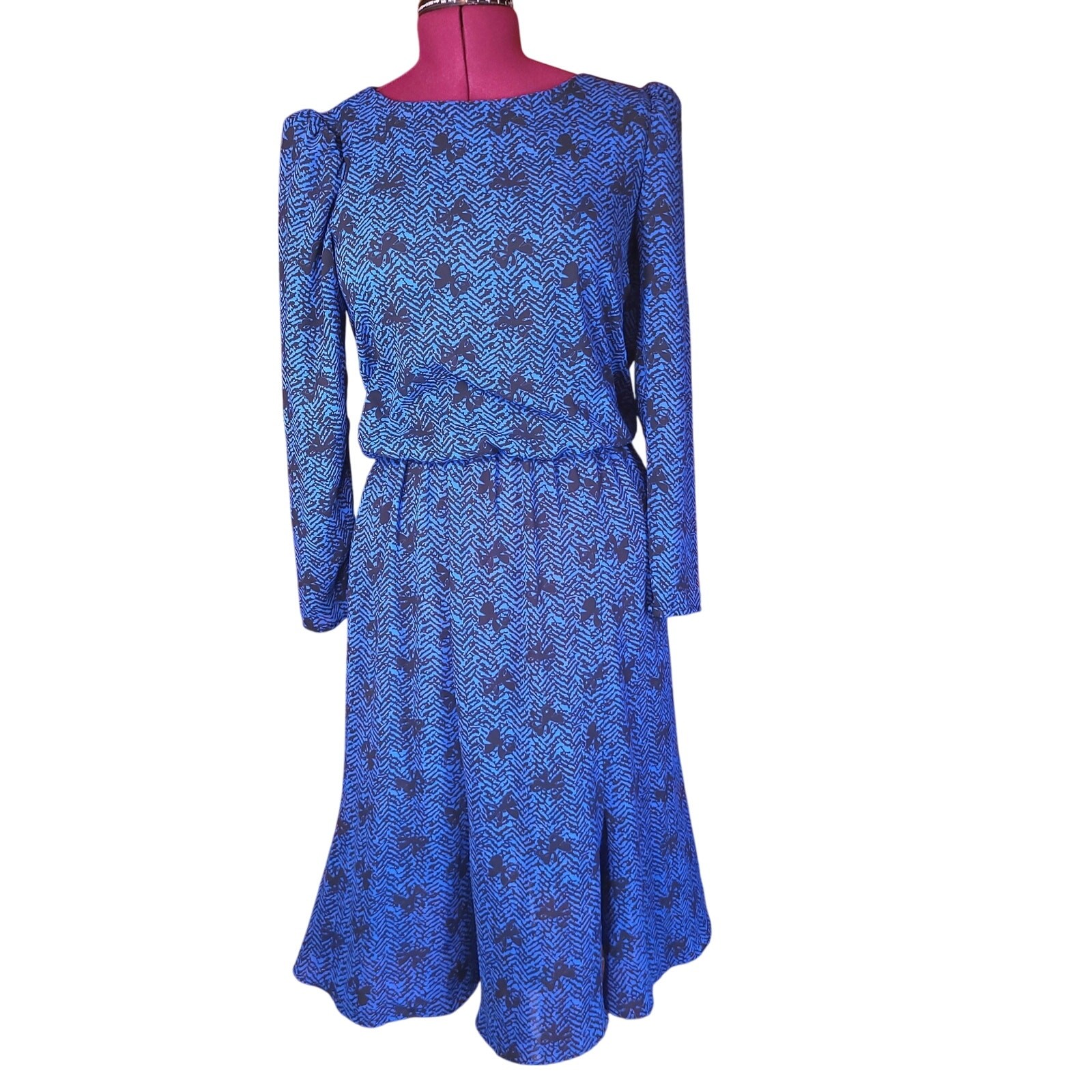 Vintage Alison Peters Blousen Dress Bow Novelty Print Dark Blue Womens Size 9/10