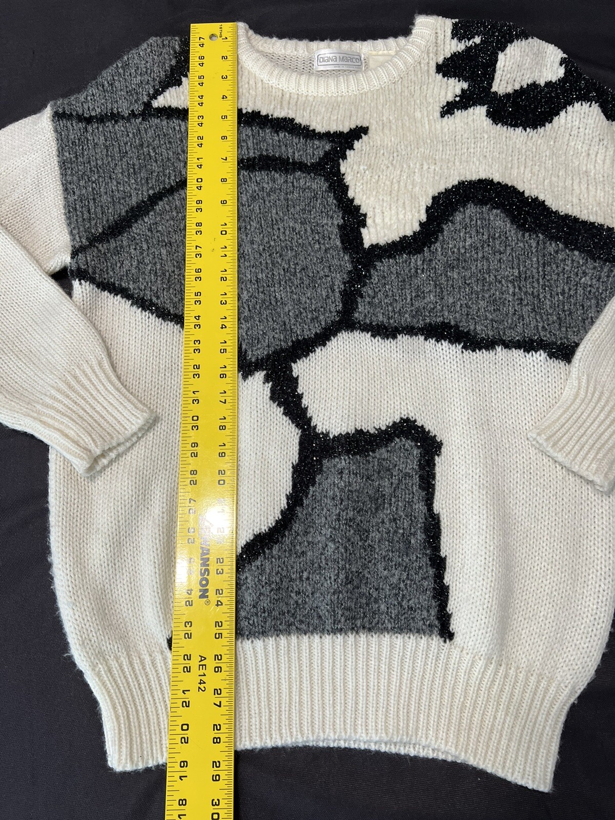 Vintage Diana Marco Sweater Womens Large Cream Gray Black Sparkle Grandma EUC