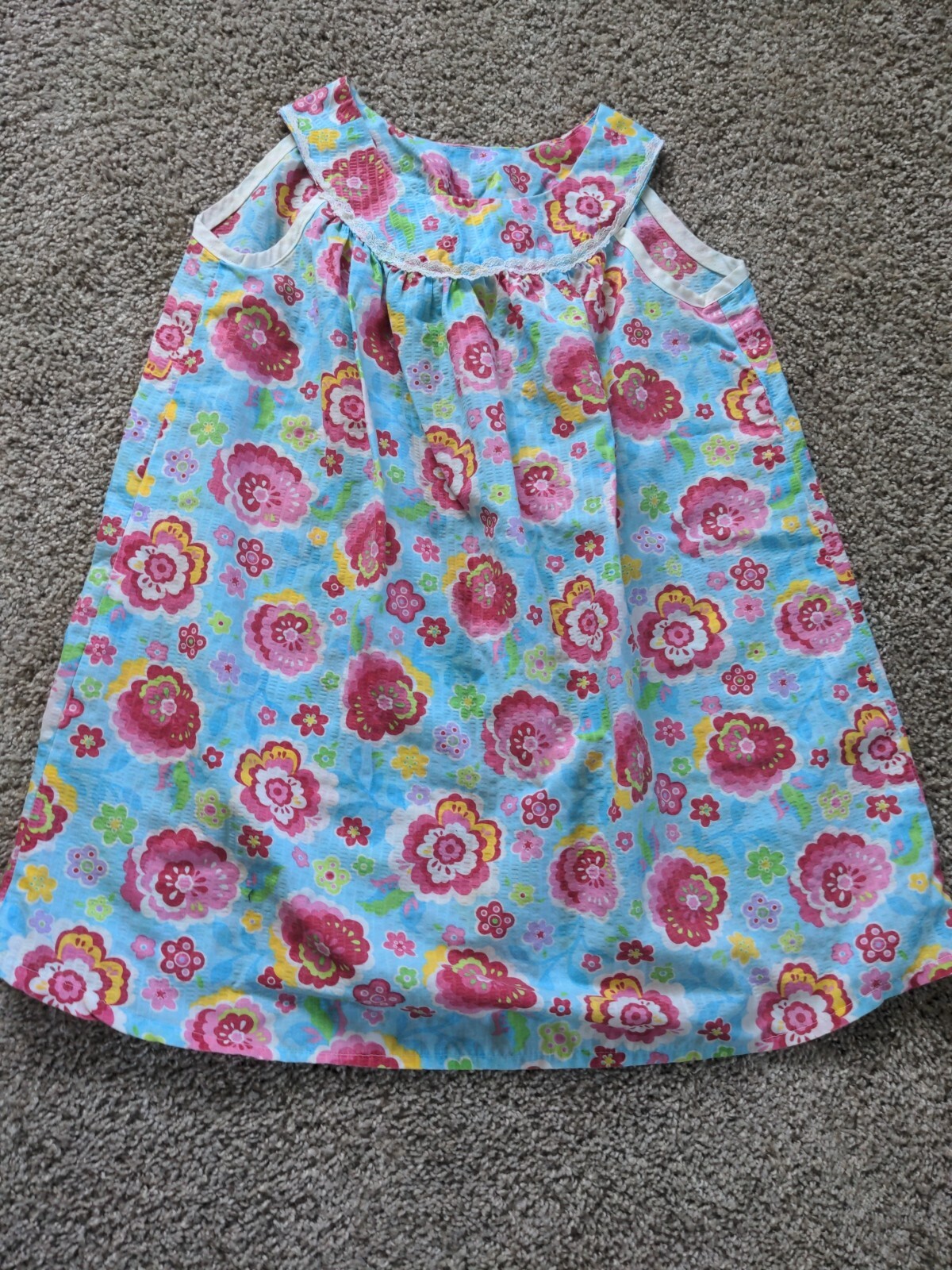 VTG 60s 70s Blue Floral Short Dress Homemade Textured Retro Mod M Y2K