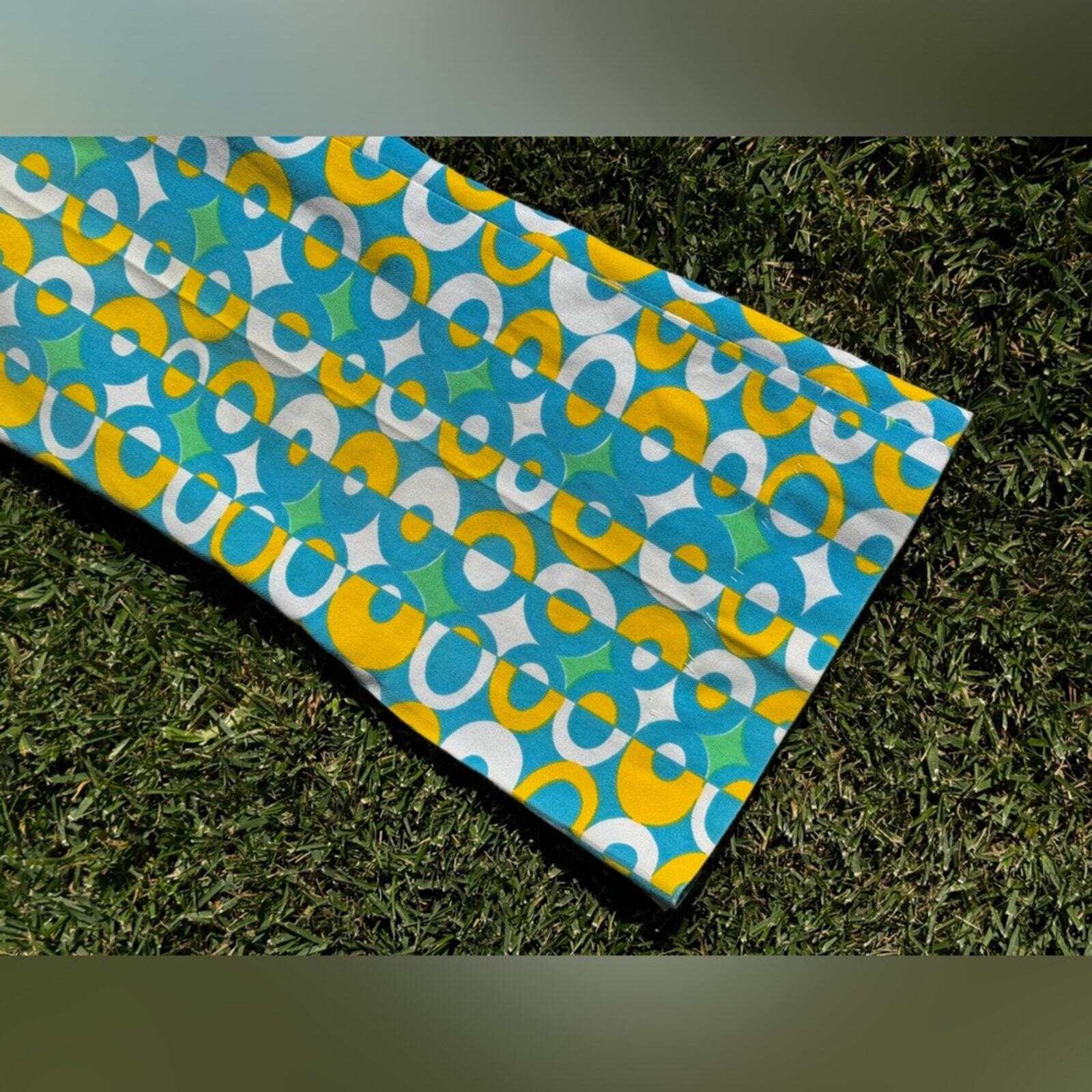 60s Vintage Green White and Blue Geometric Circle Print Kick Flares