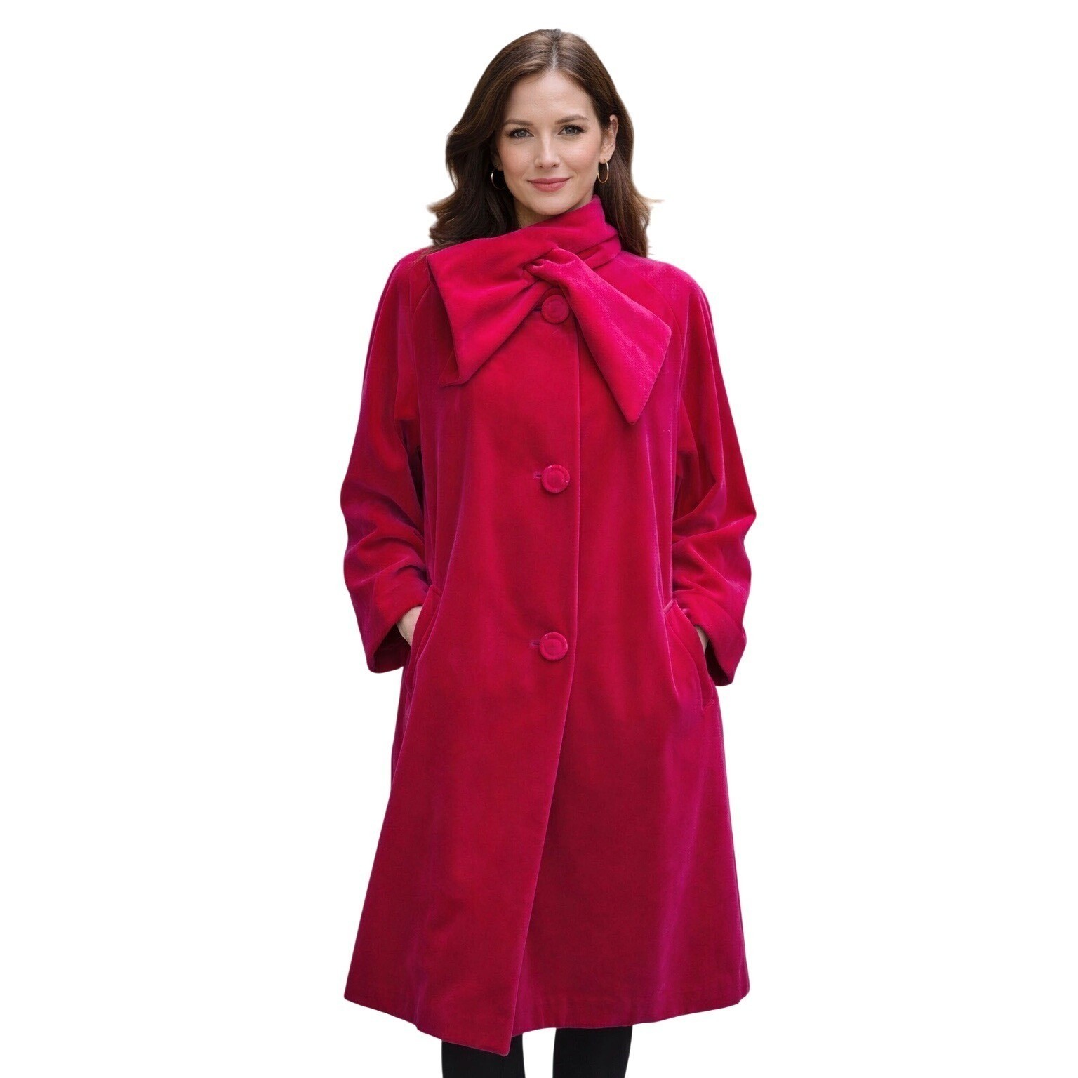 Vintage 60s retro Sport Ease Fashions Hot Pink Velvet Bow Neck swing coat 50s
