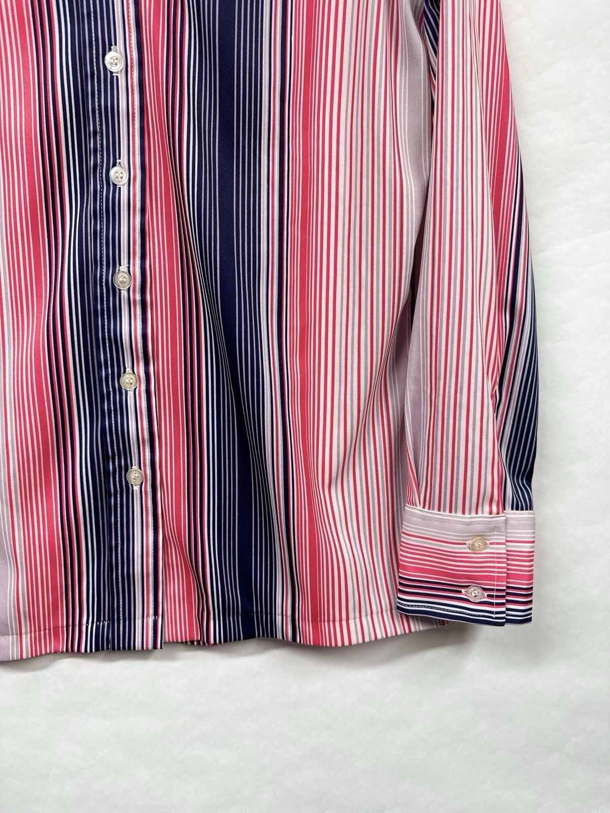 Vintage 70s Barcode Stripe Polyester Button Up Blouse Red Blue Spiegel M / L