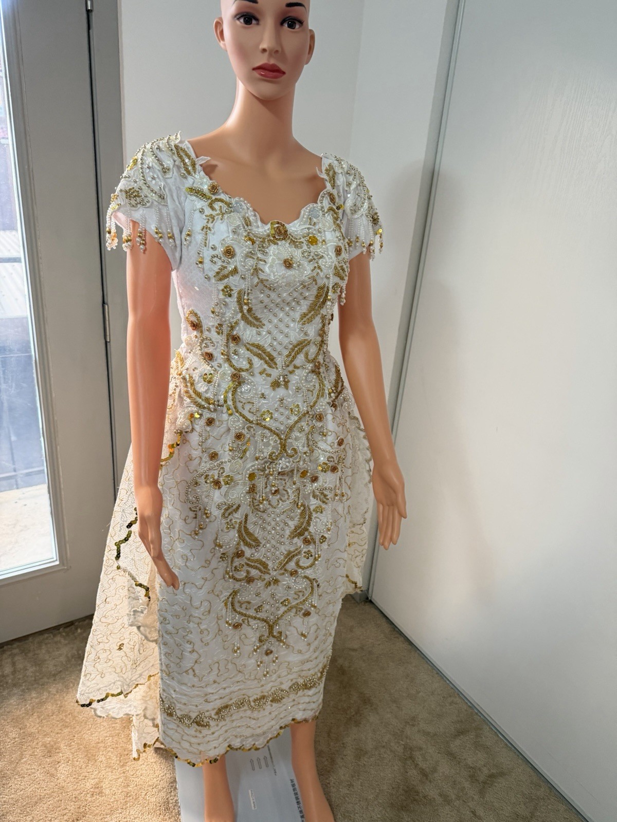Vintage Ivory Gold Beaded Dress XS Formal Handmade Embellished Gow