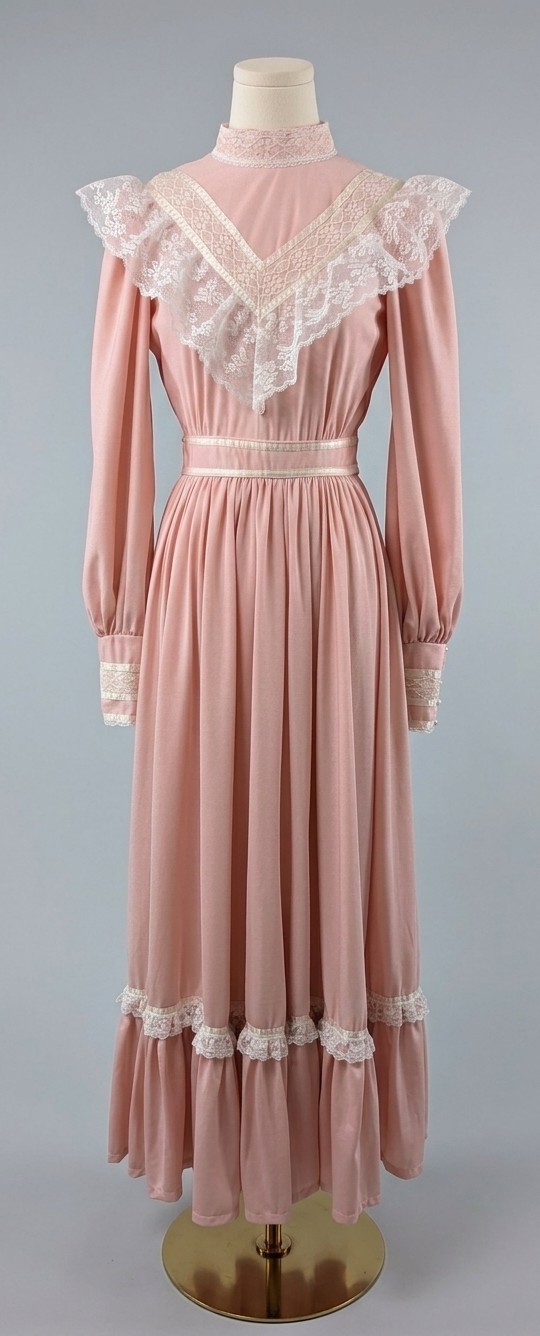 Vintage 70’s Prairie Victorian Dusty Rose Maxi Dress Lace Pearl Cuffs Sash XS