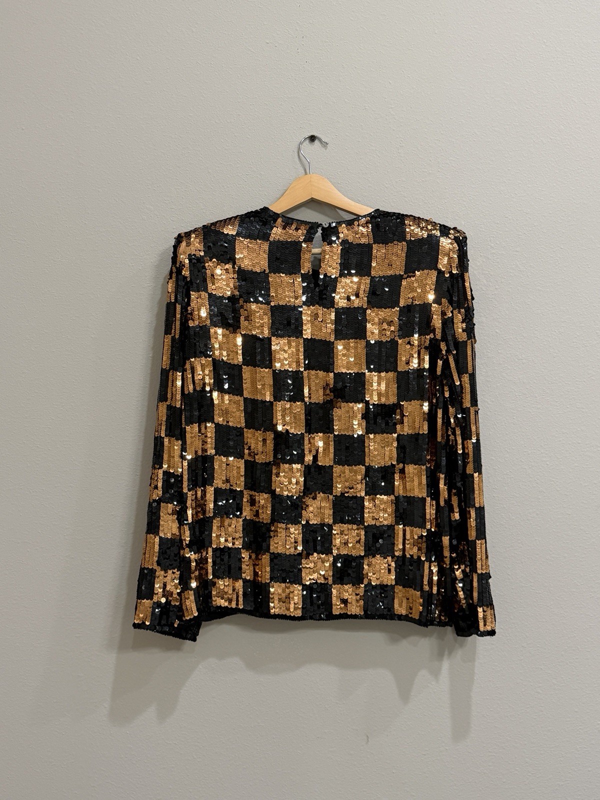 Vintage Silk Black Gold Copper Checkerboard Sequin Blouse Argenti Notte Medium