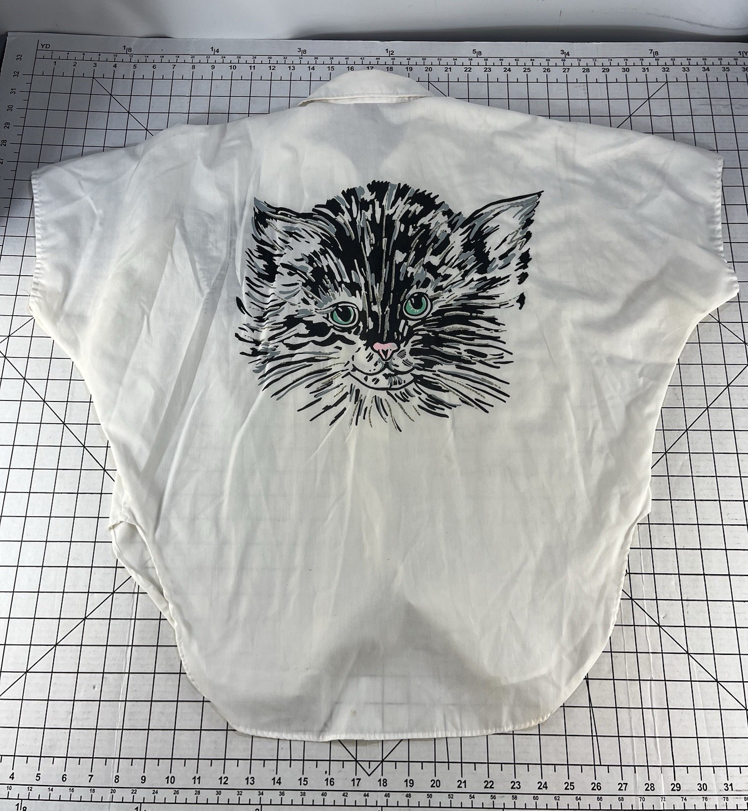 Vintage 80s 90s Kitten Cat Face Graphic Shirt White Oversized Dolman Sleeve L XL