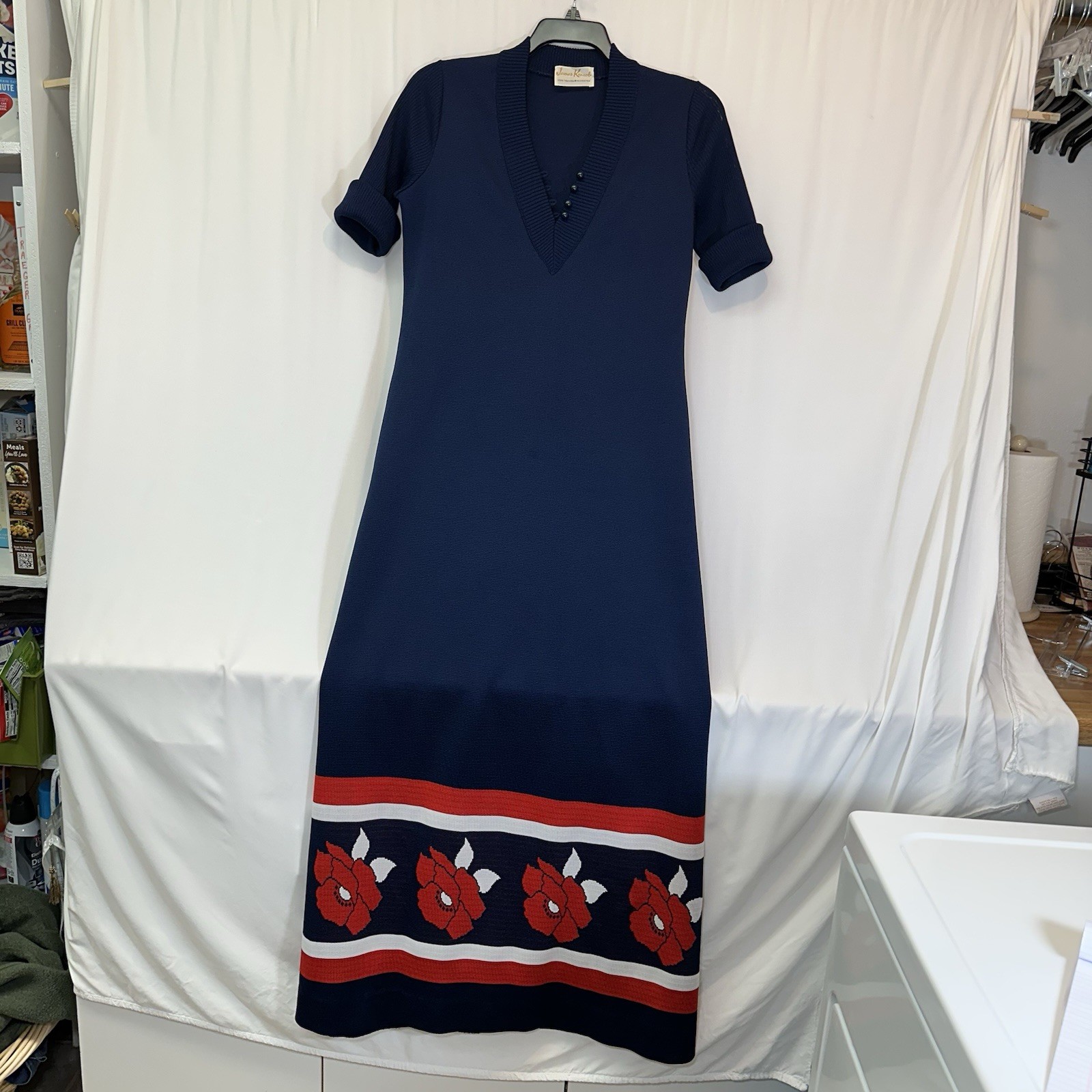 James Kenrob Trevira Polyester Double Knit Maxi Dress Small 60’s-70’s Navy