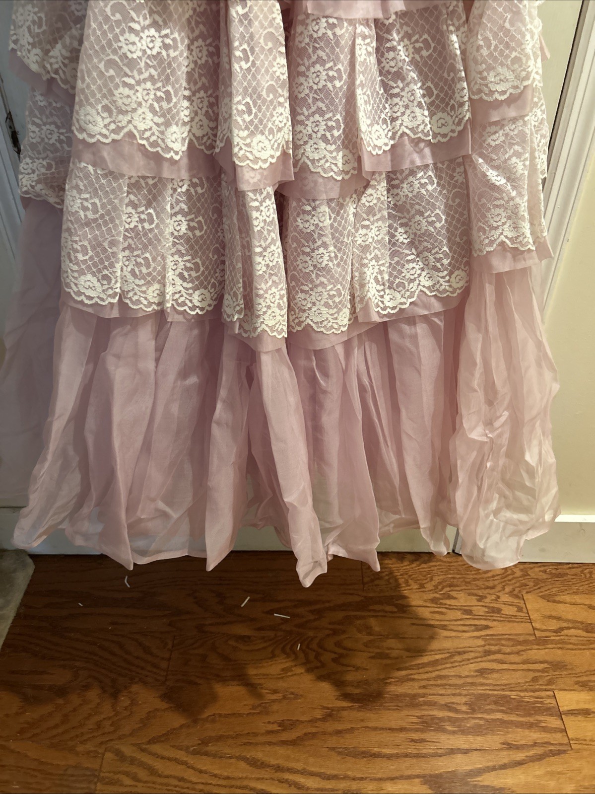 1950 Vintage Pastel Pink Tiered Ruffled Tulle Dress Gown Cup Cake Union Made