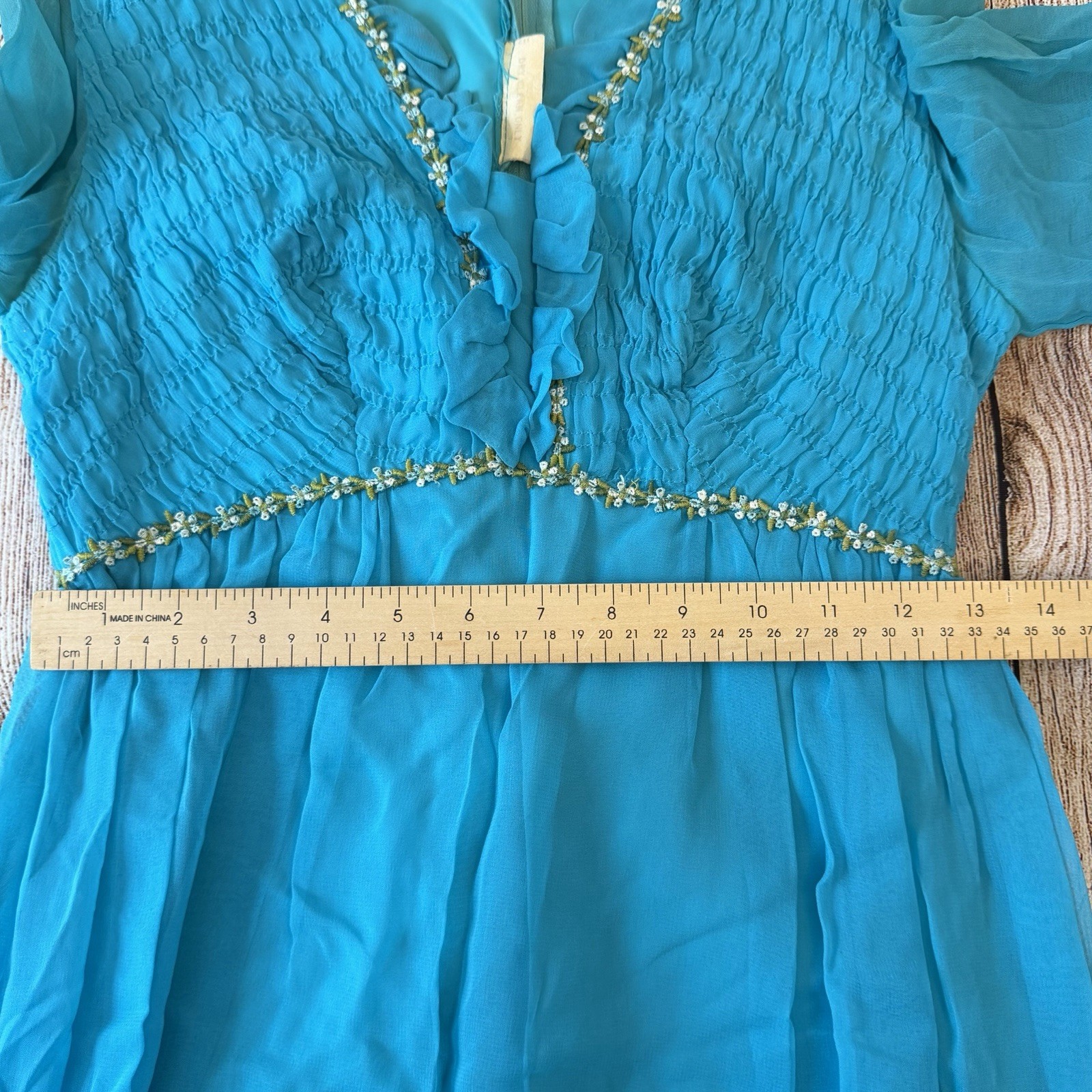 Vintage 70s Teal Chiffon Maxi Dress Size XS Bridesmaid Twiggy Retro MCM 60s Gown