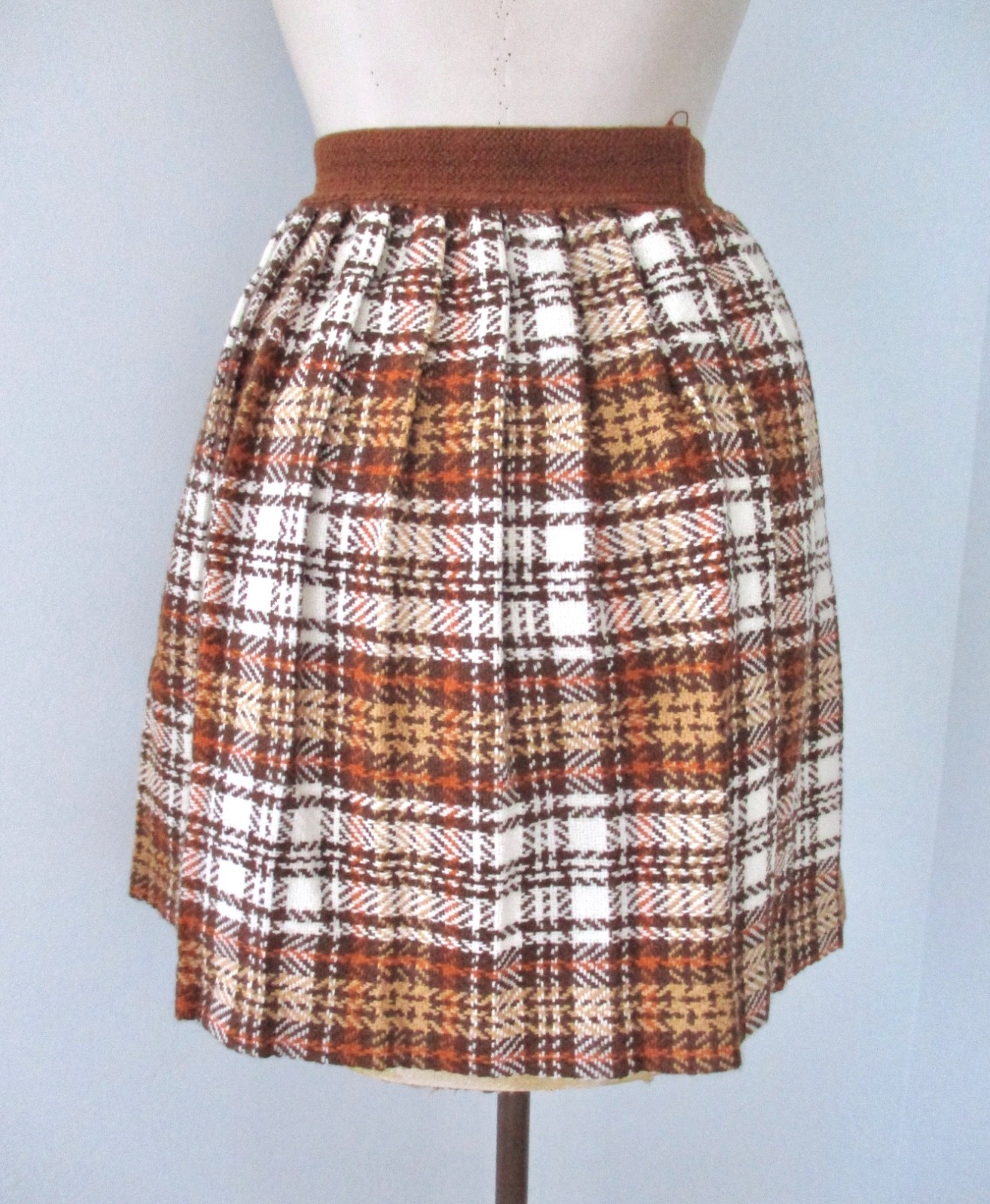 Vtg 60s 70s Rust Brown Plaid Skater Brady Mini Skirt Acrylic Tweedy Flannel S/M