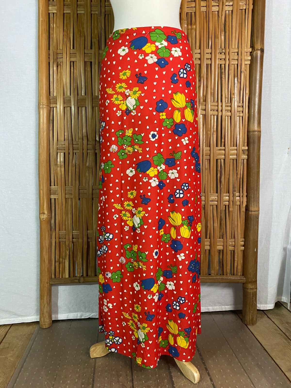 Vtg 70s Hand-Made Maxi Long Skirt Bright Red Floral Frogs White Hearts Hippy M