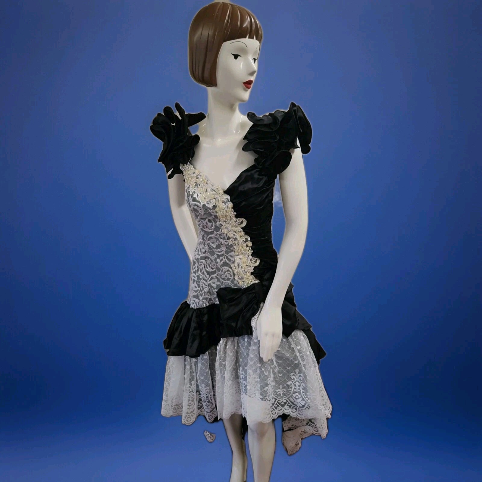 Flirtations Vintage 80s Blk/white Sequin Lace Taffeta Party Prom Dress sz 7/8