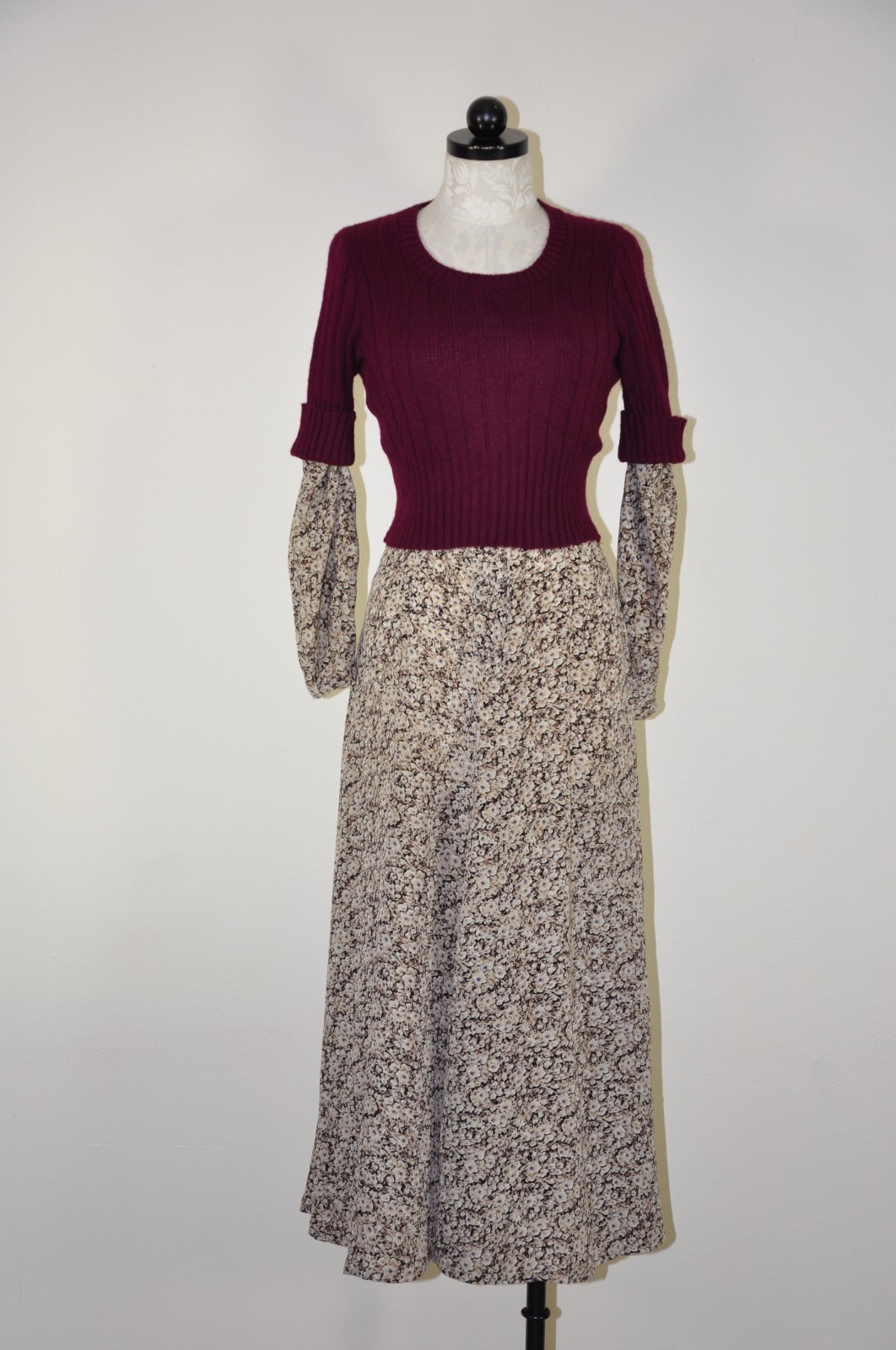 90s Vintage Brown Romantic Floral Long Sleeve Tie Back Grunge Dress Women S M