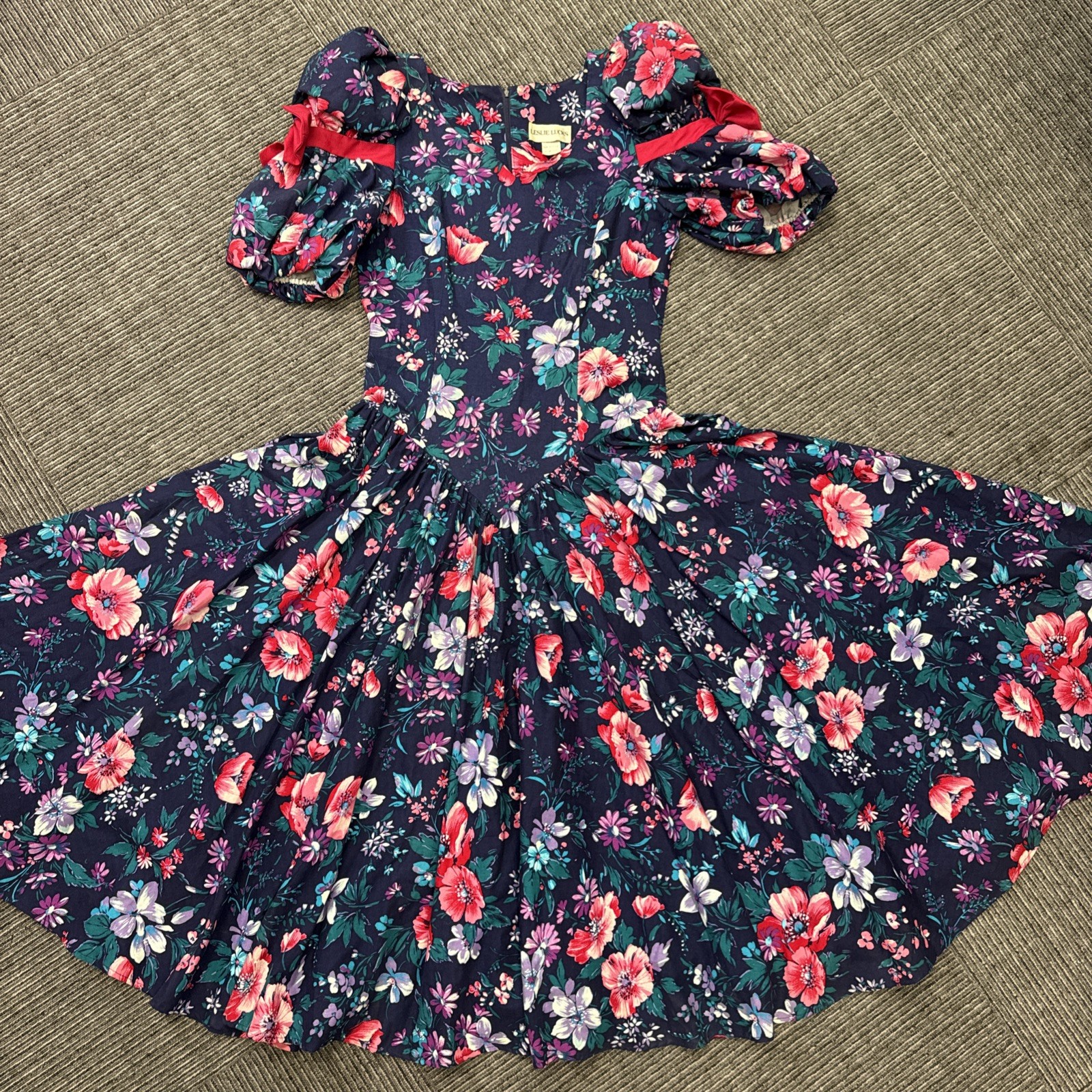 Leslie Lucks Vtg 80s Romantic Floral Dress Puff Sleeve With Bows Sz 12 Navy Blue