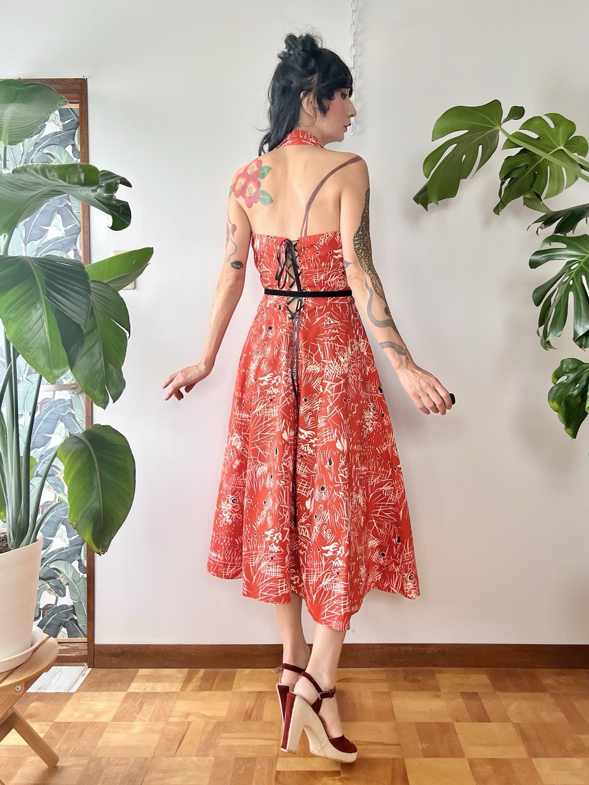 50s Abstract Print Collared Halter Neck Corset Lace Up Cotton Dress S/M LVL Tiki