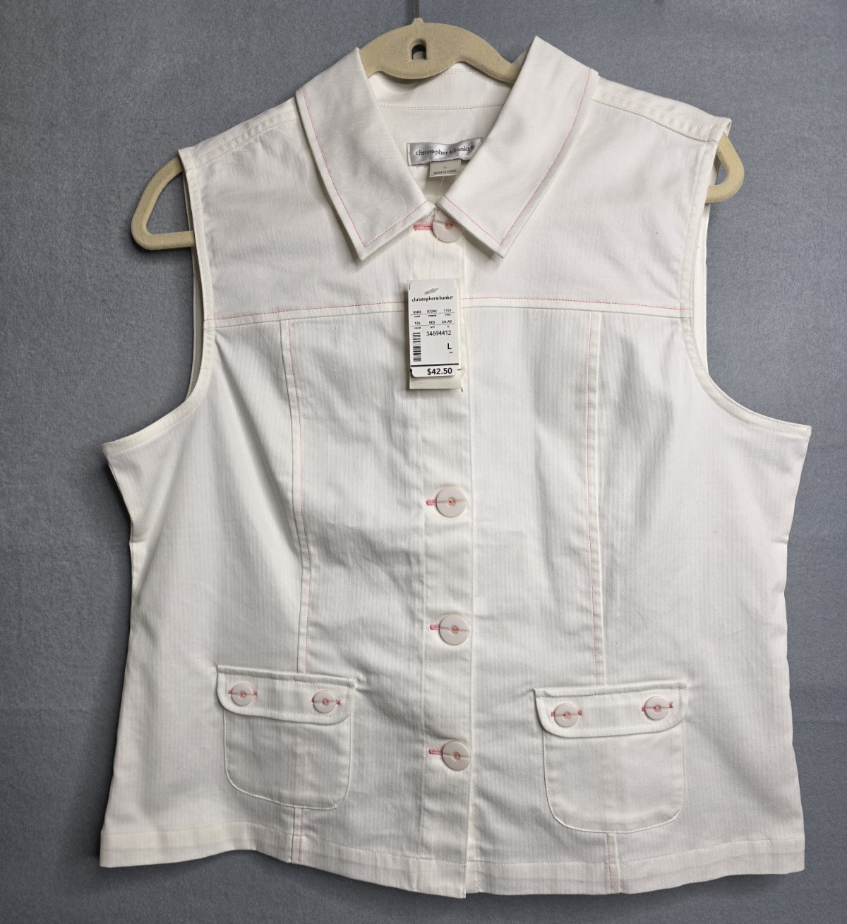 Christopher & Banks Vest Womens L White Pink Sleeveless Button Up New W Tags