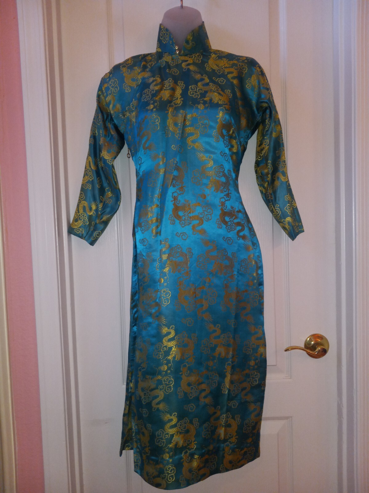 Vintage 60s Cheongsam Silk Turquoise Gold Oriental Dragon Wiggle Dress S Tiki O