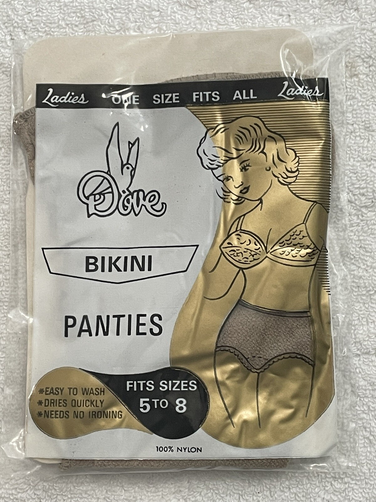 Vintage Dove 100% Nylon Bikini Panty OSFA 5-8 Beige NIP