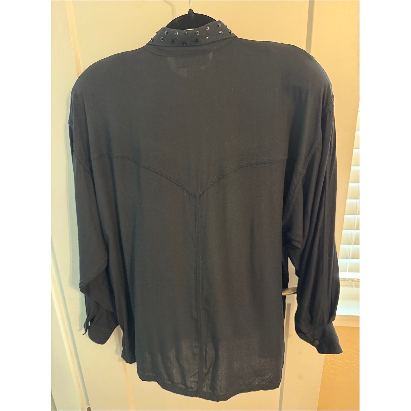 VINTAGE Patricia Hermann NYC Black Button-Down Shirt with Beaded Fringe Collar