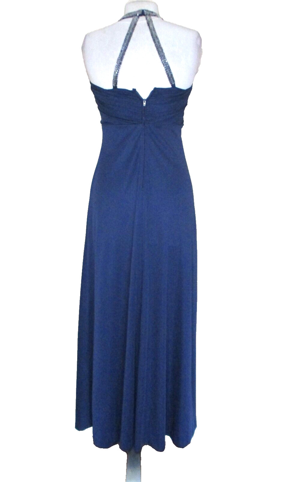 Vintage 70s Maxi Dress Evening Gown S/M Women Indigo Blue Beaded Halter Neck