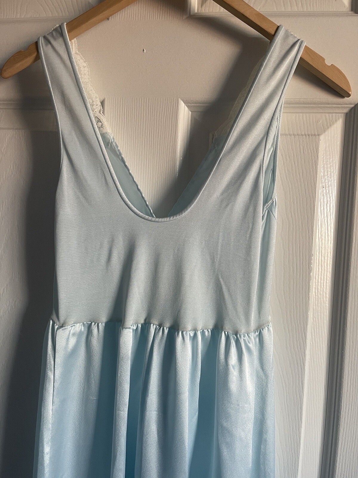 VTG Olga Designer Collection Gold Label Nightgown S Gown Satin Lace Blue 92195