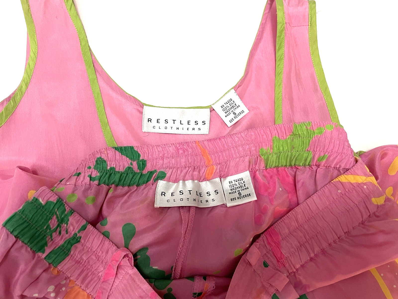 VTG 1980s 1990s High Waist Baggy Bermuda Paint Splatter Silk Short Tank Top Set