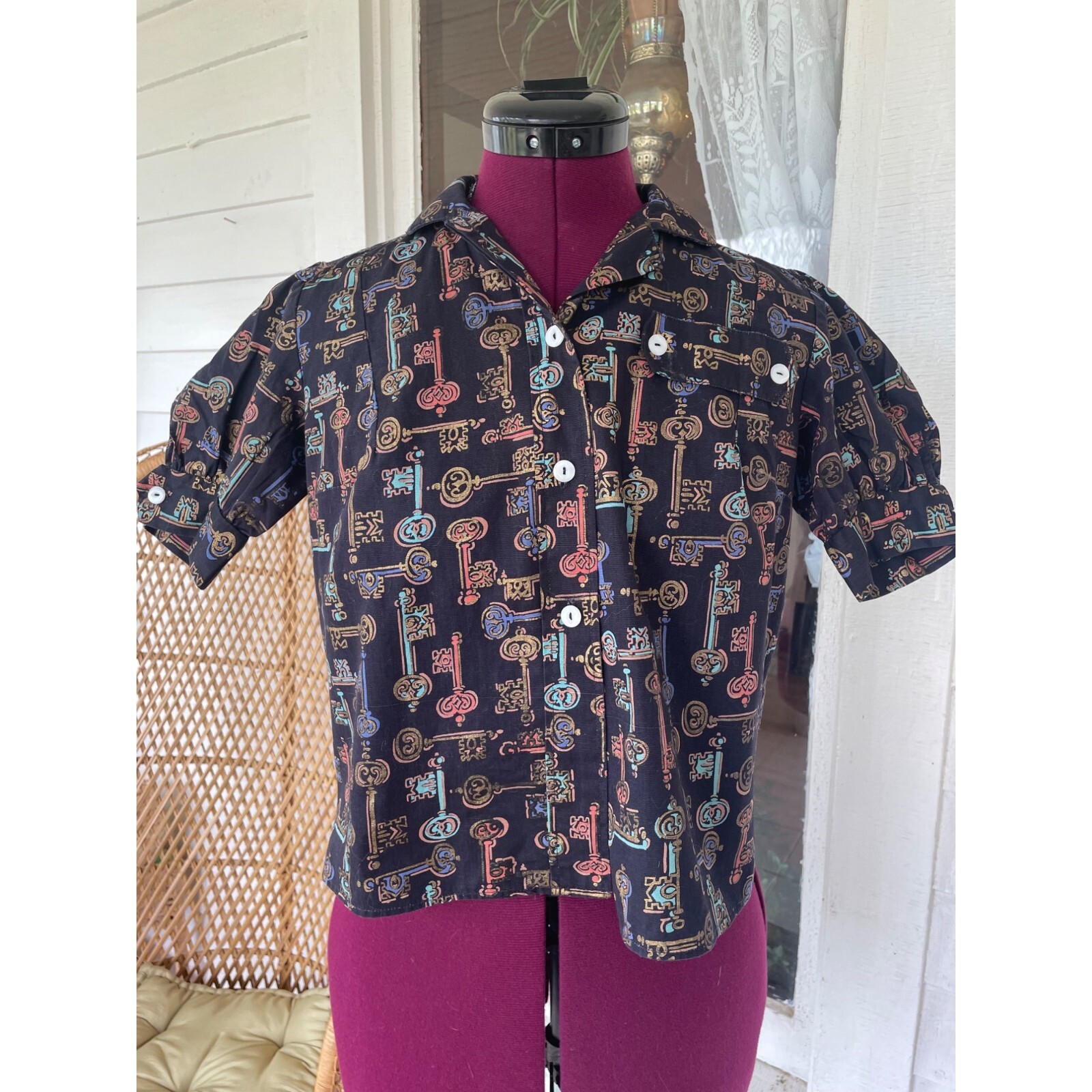 Vintage 1960s Skeleton Key Print Blouse With Puff Sleeves Black Grosgrain Size S