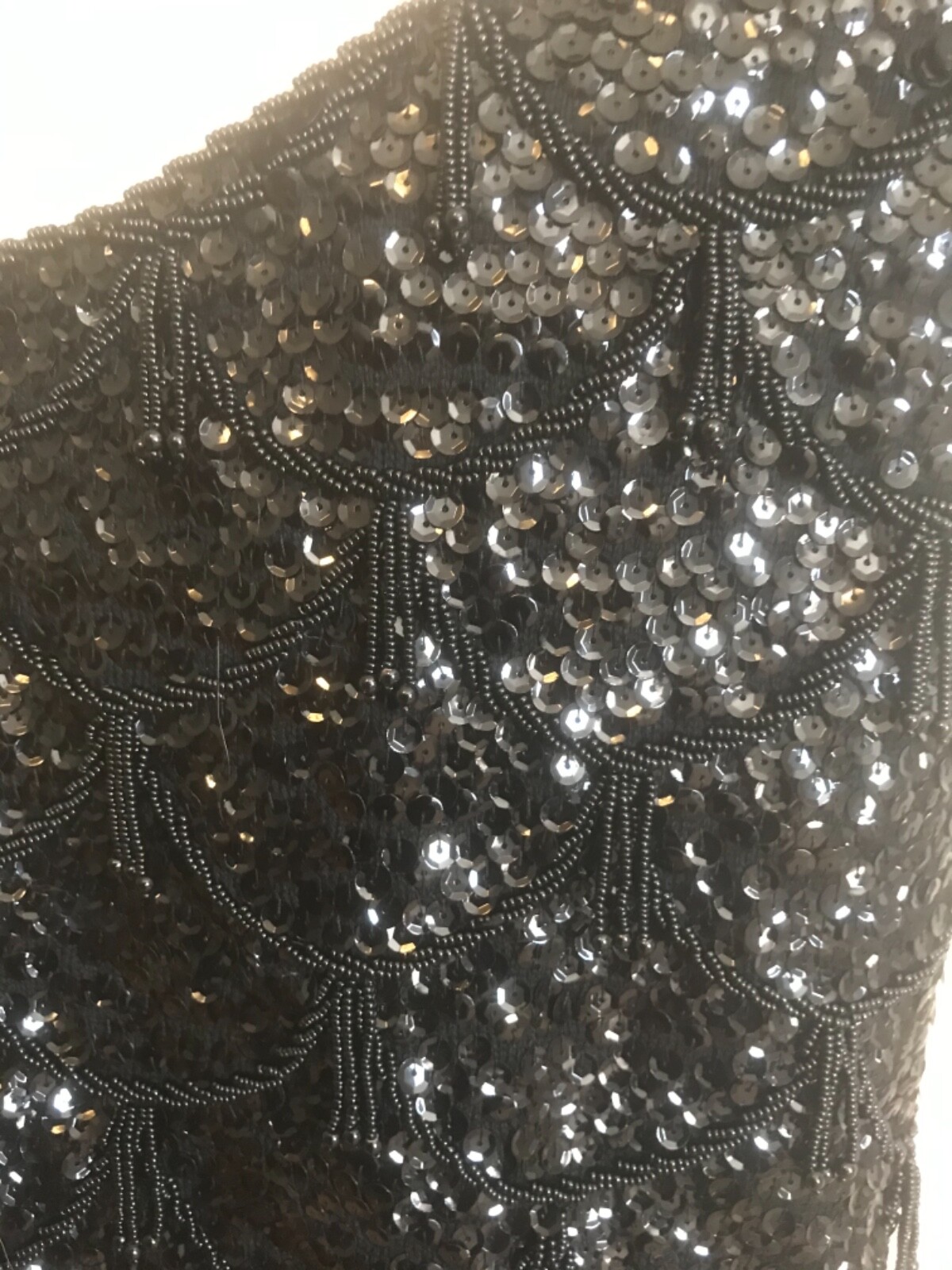 Vintage Black Iridescent Fringed Sequin Tassels Beaded Wool Glam Top hong kong L