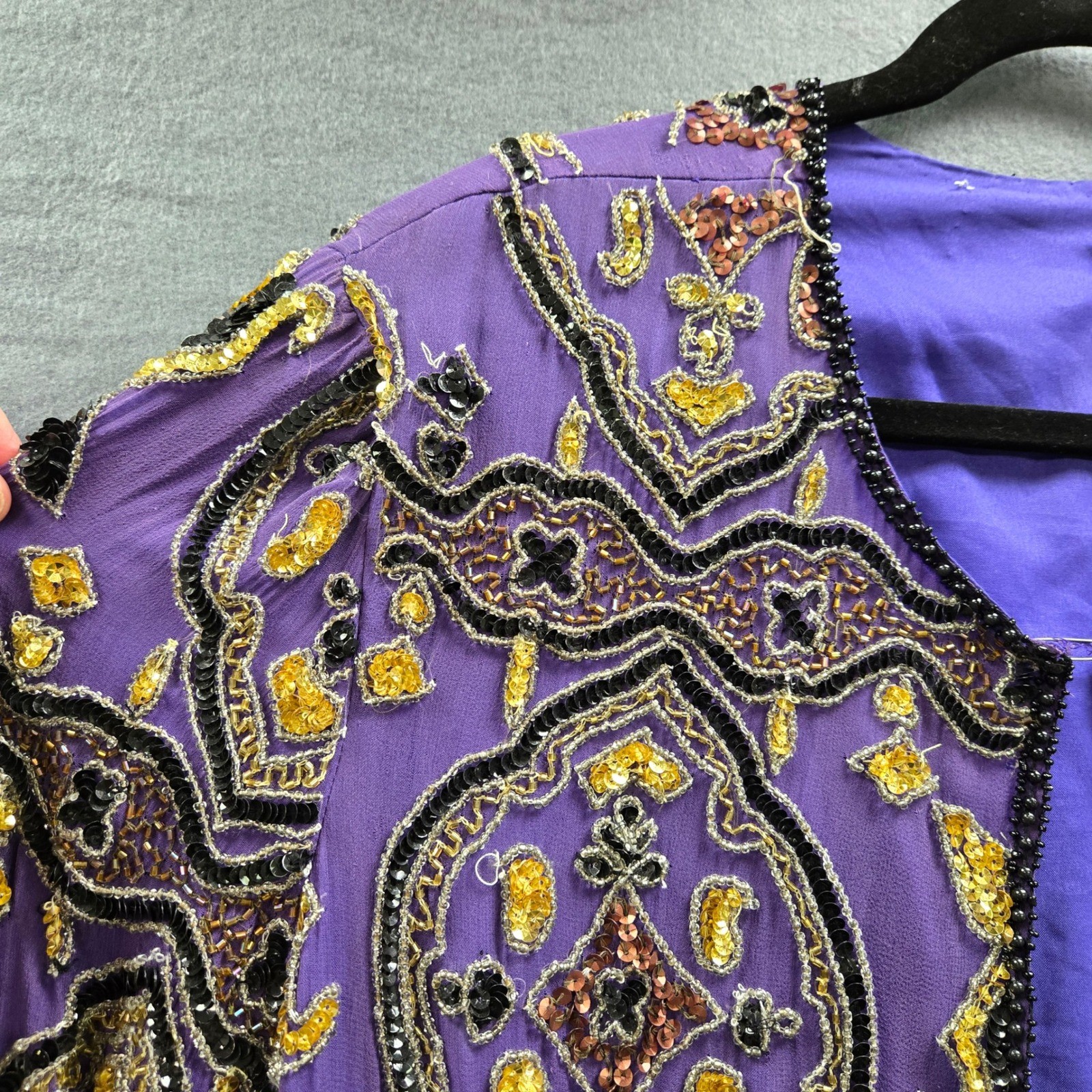 Vintage Beaded Silk Jacket Maximalist XL Purple Sequin Open Festival Art Deco