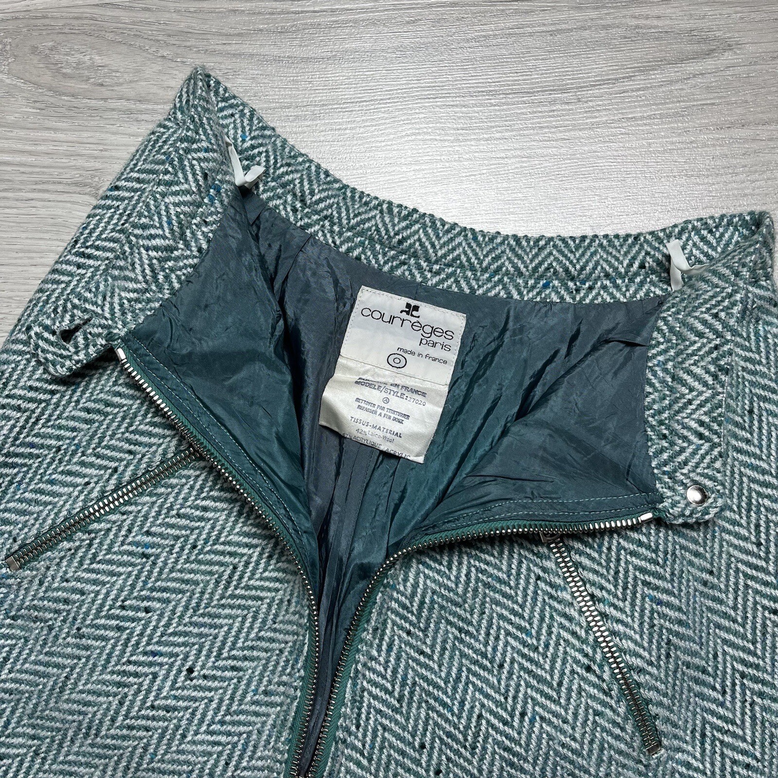 Vintage 1970’s COURREGES Paris Green Wool A Line Skirt