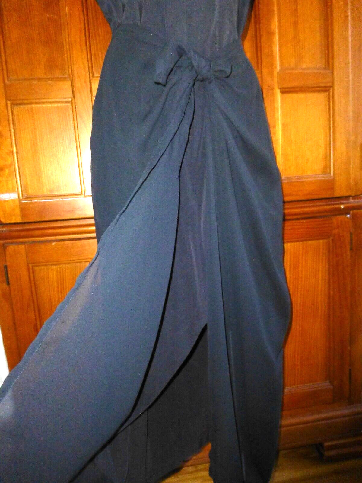 Vtg 80s Black Sarong Wrap Chiffon Skirt Retro Cocktail Sheath Midi DRESS M L