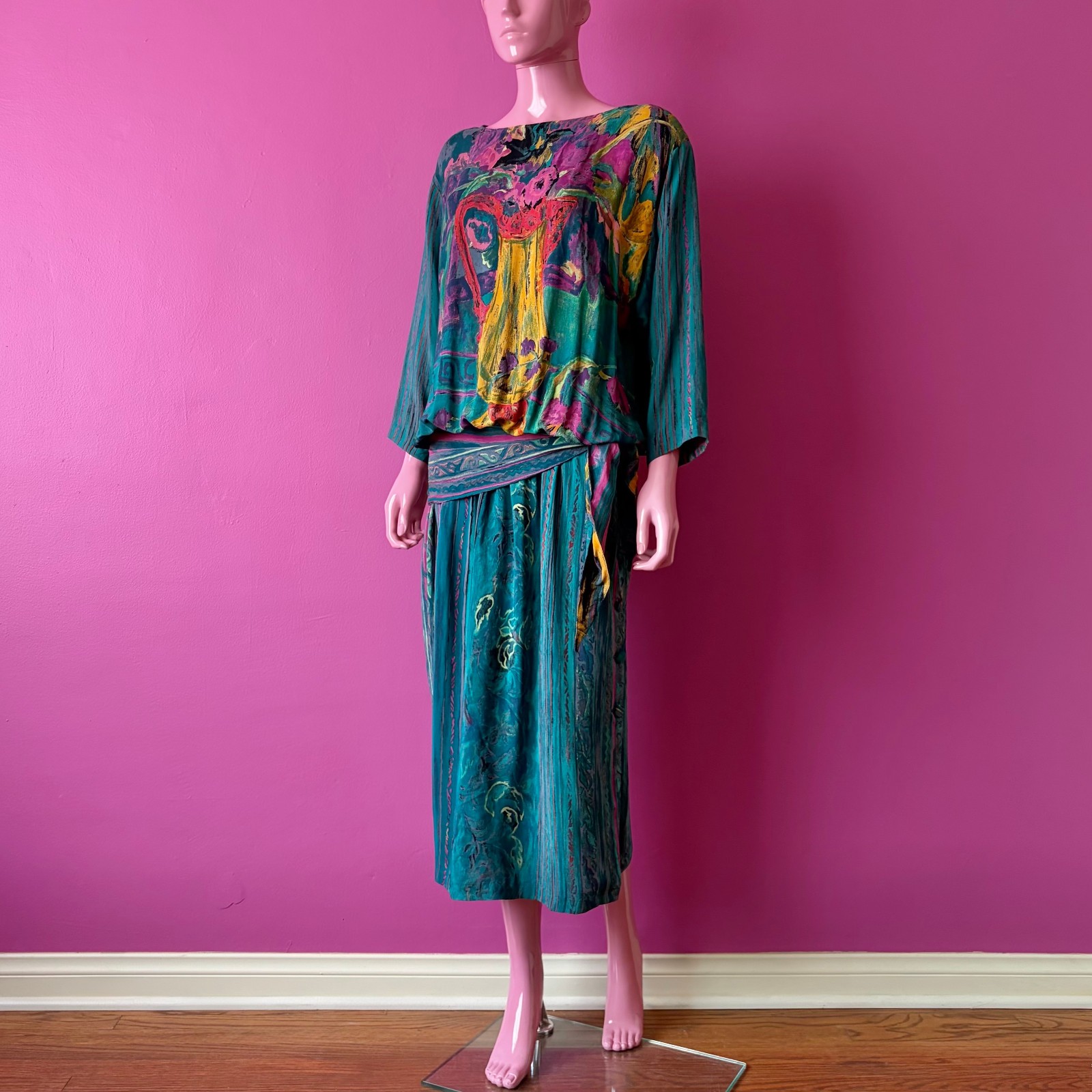 Vintage 80s 8 Midi Dress Dropwaist Teal Multi Abstract Floral Sash Long Sleeves