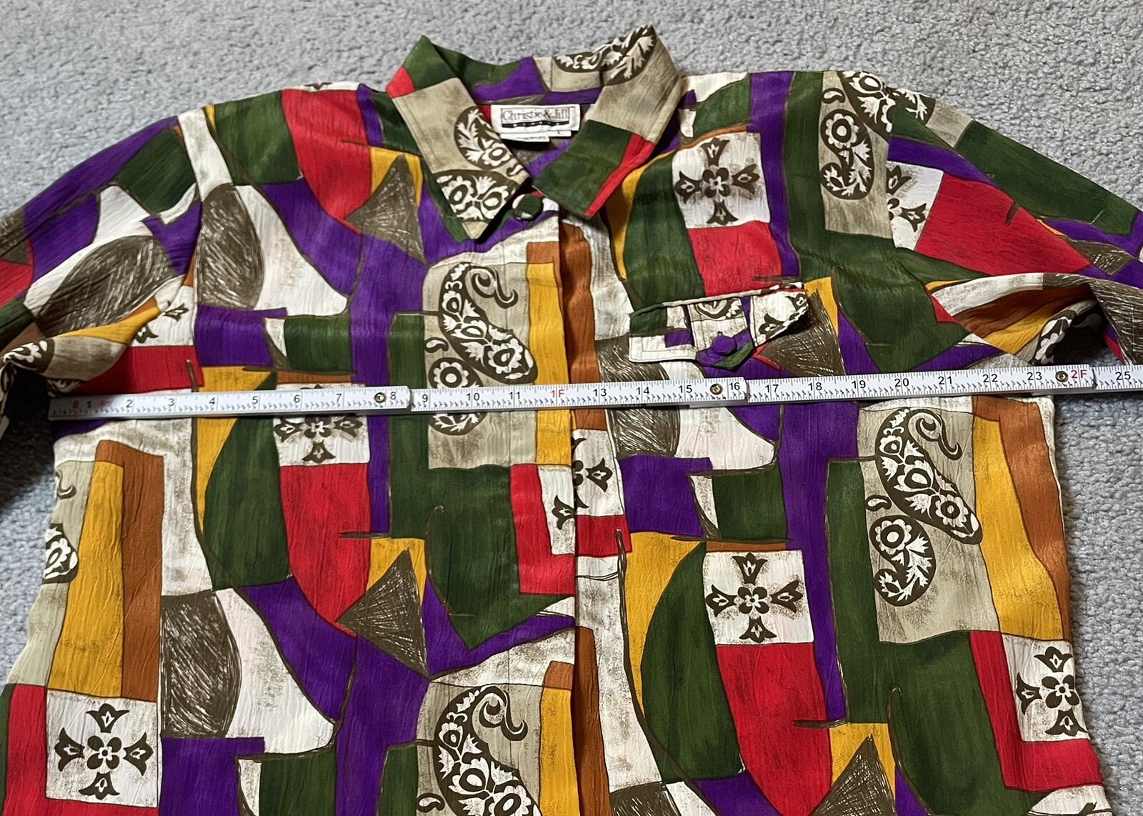 80s Christie & Jill Button Up Blouse L Red Purple Abstract Paisley City Festive