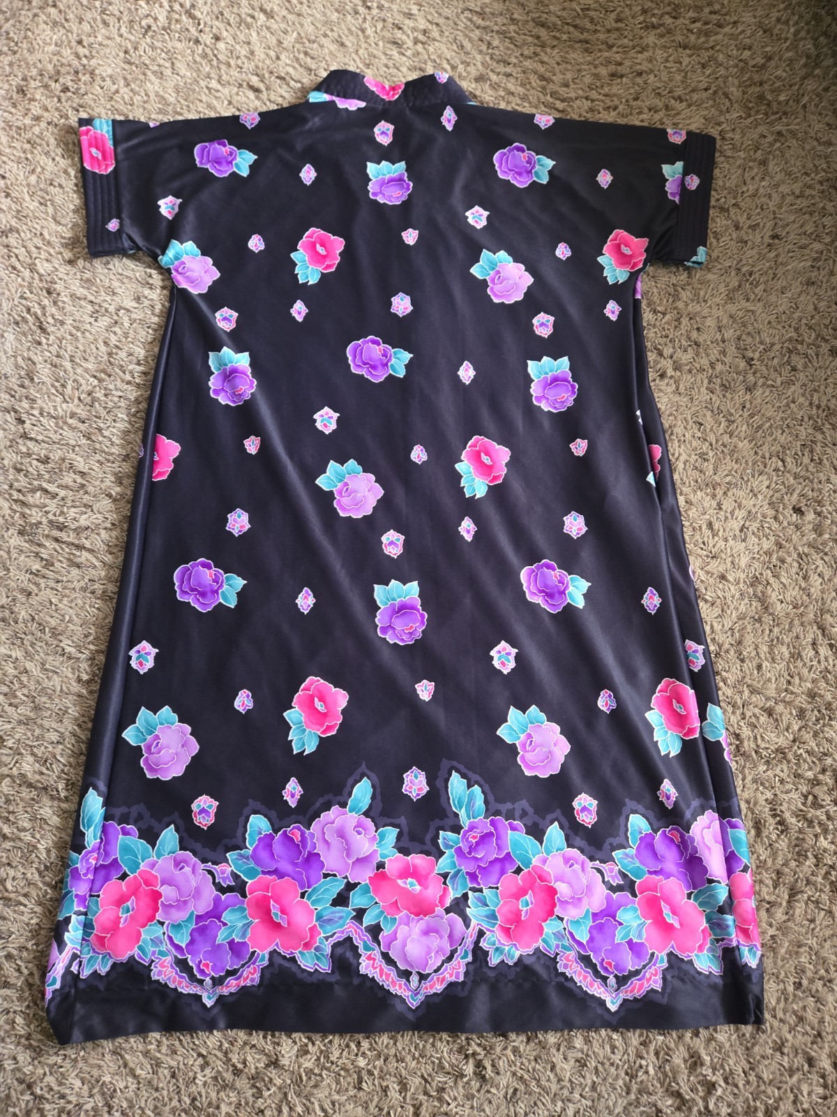 Granada Vintage Zip Front Caftan Robe Black Floral Maxi USA One Size Pocket