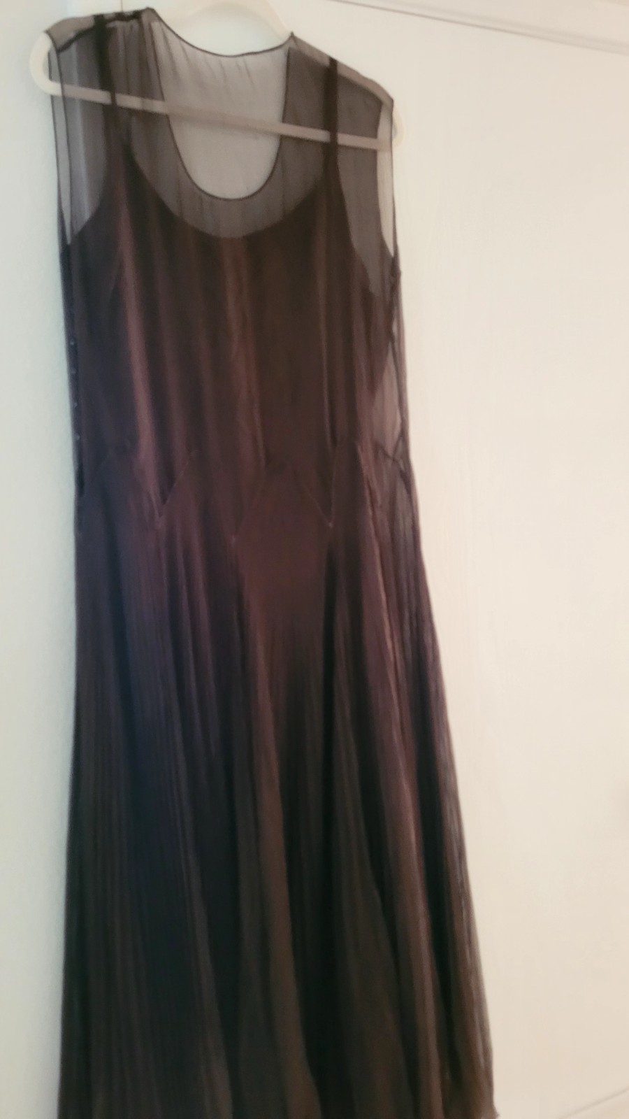 Vtg 1930s Chocolate Silk? Chiffon Dress Built-in Lining Floor Length Sz Large