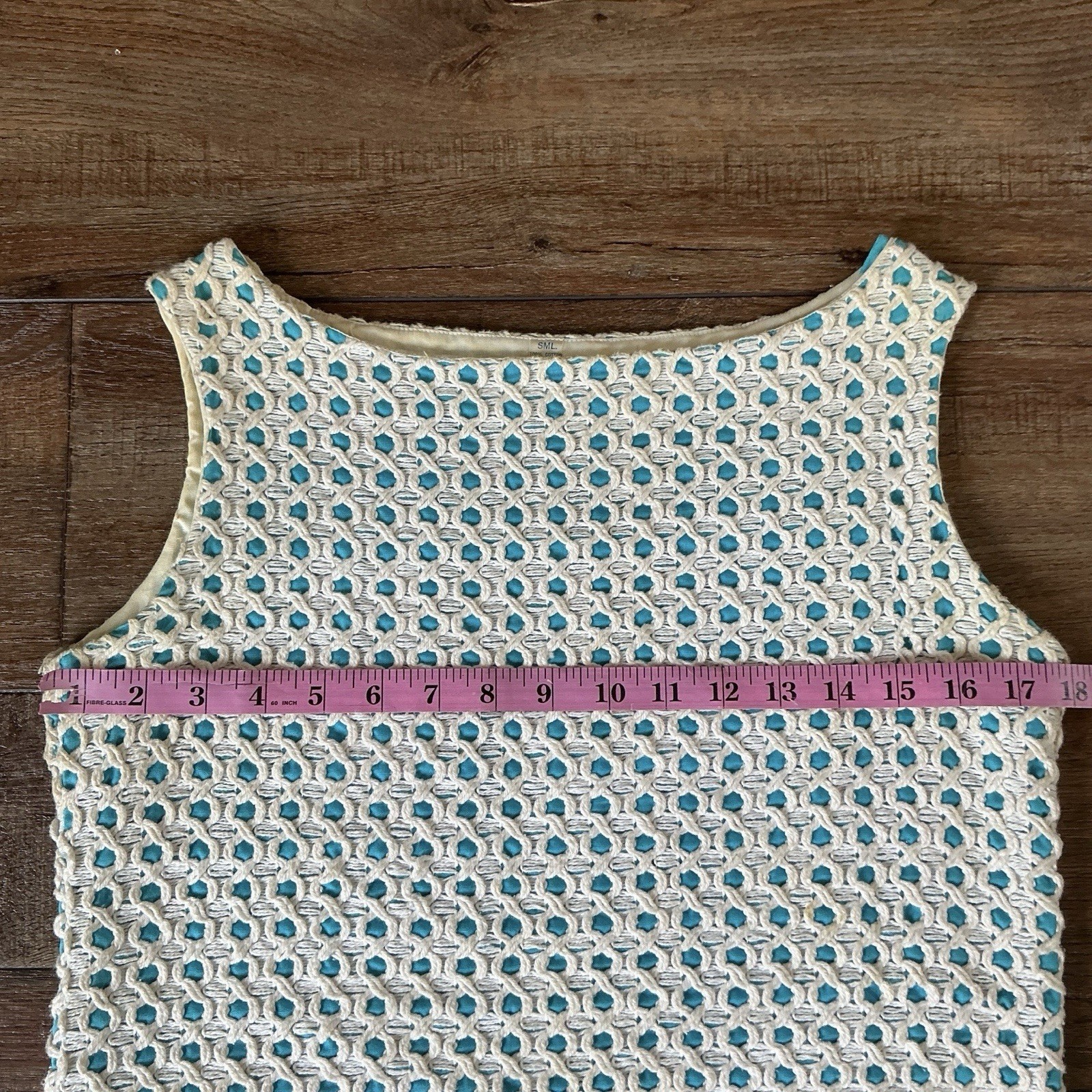 60s VTG Sally Gee Creation Cream Teal Woven Ribbon Fringe Tank Top Sz S USA 21D8