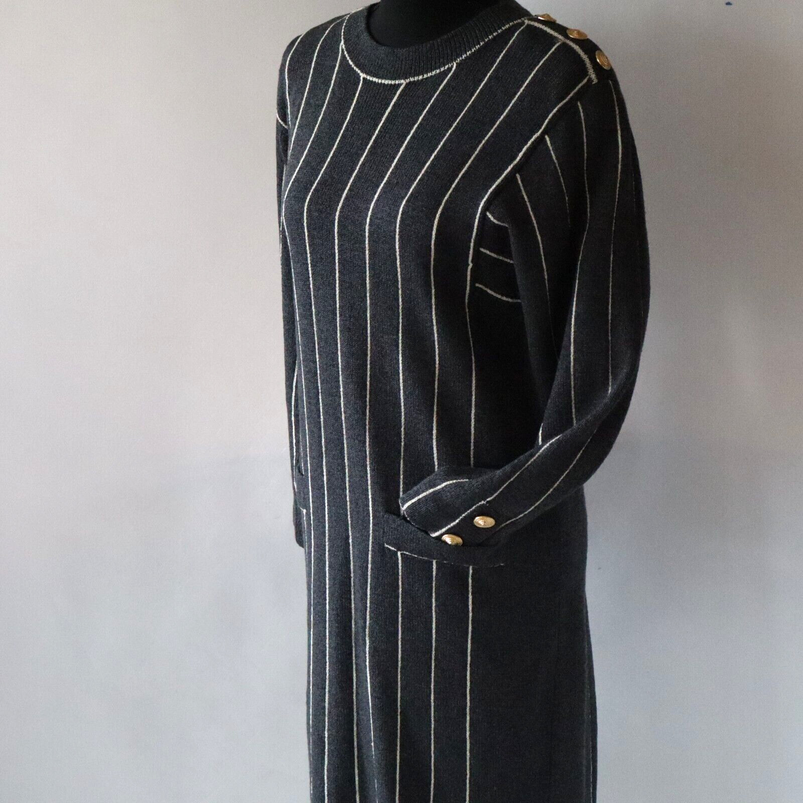 Vtg Don Sayres Wellmore Wool Knit Dress Navy Blue Pinstripe Long Sleeve Sz 10