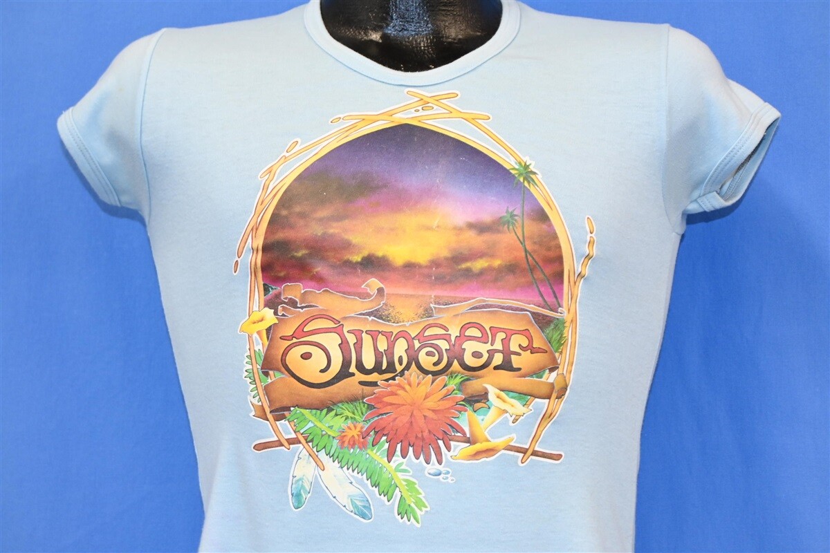 vtg 70s SUNSET ROACH IRON-ON PALM TREES BEACH FLORAL BLUE WOMEN’S t-shirt XS