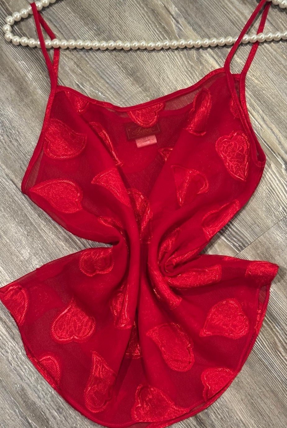 VTG 90’s Isabel Intimates Red Chiffon Heart Appliqués Babydoll Lingerie Cami L
