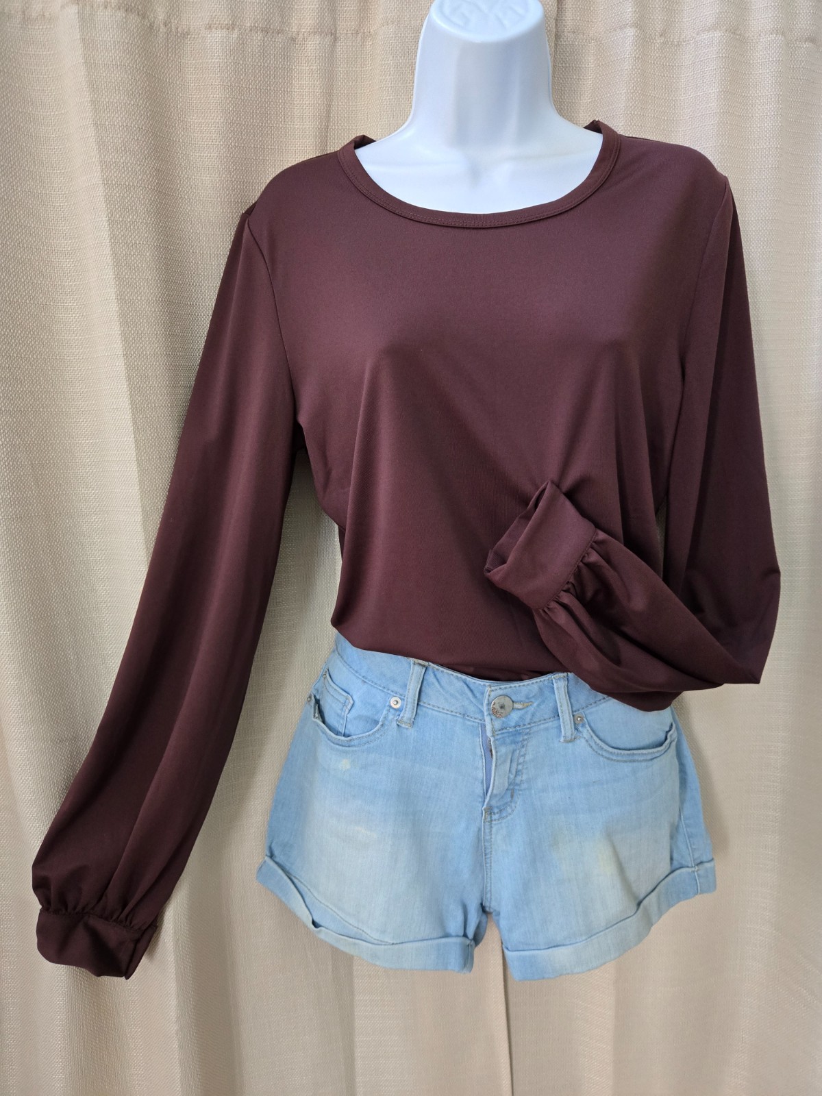 Vtg Newport News Retro Mod Style Casual Dressy Brown Stretch Bishop Sleeve Top M