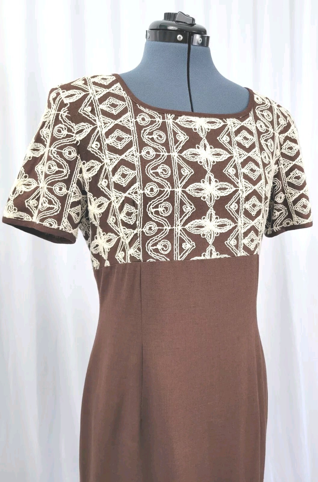 Vintage Yves Cosette Depeche Mode Brown Dress w Cream Embroidery Size 8
