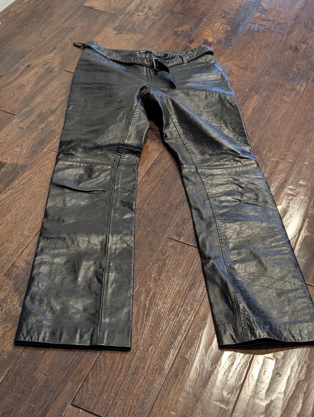 Vintage Y2K DKNY Women’s Leather Pants Snap Leg Cuff Size 4 Belted Front Zipper