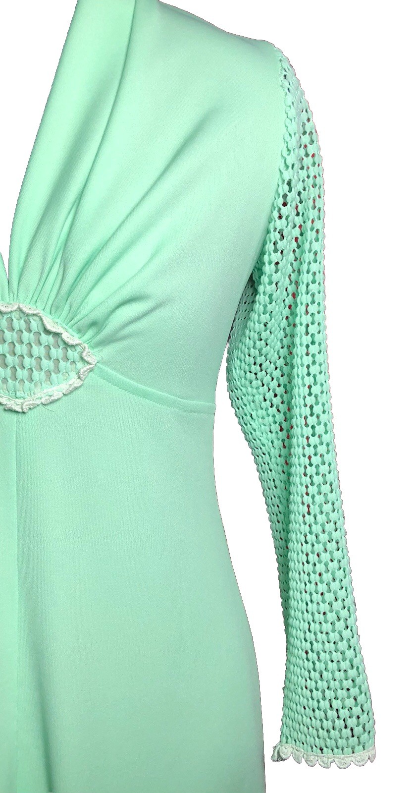 Vtg 70s Maxi Dress Mint Green Empire Waist Mod Gown Small 34-28-44