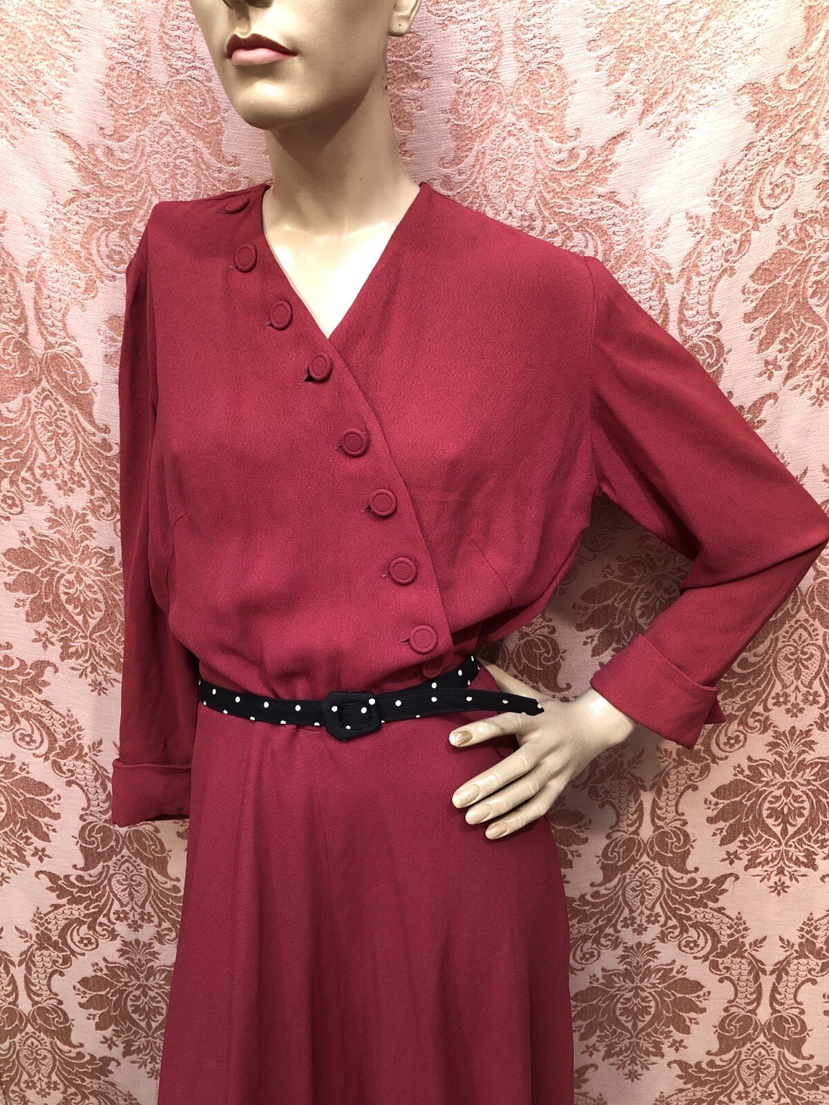 VTG 1940s Pomegranate RED Rayon Crepe Bias-Cut SWING DRESS w/ASYMMETRIC Buttons