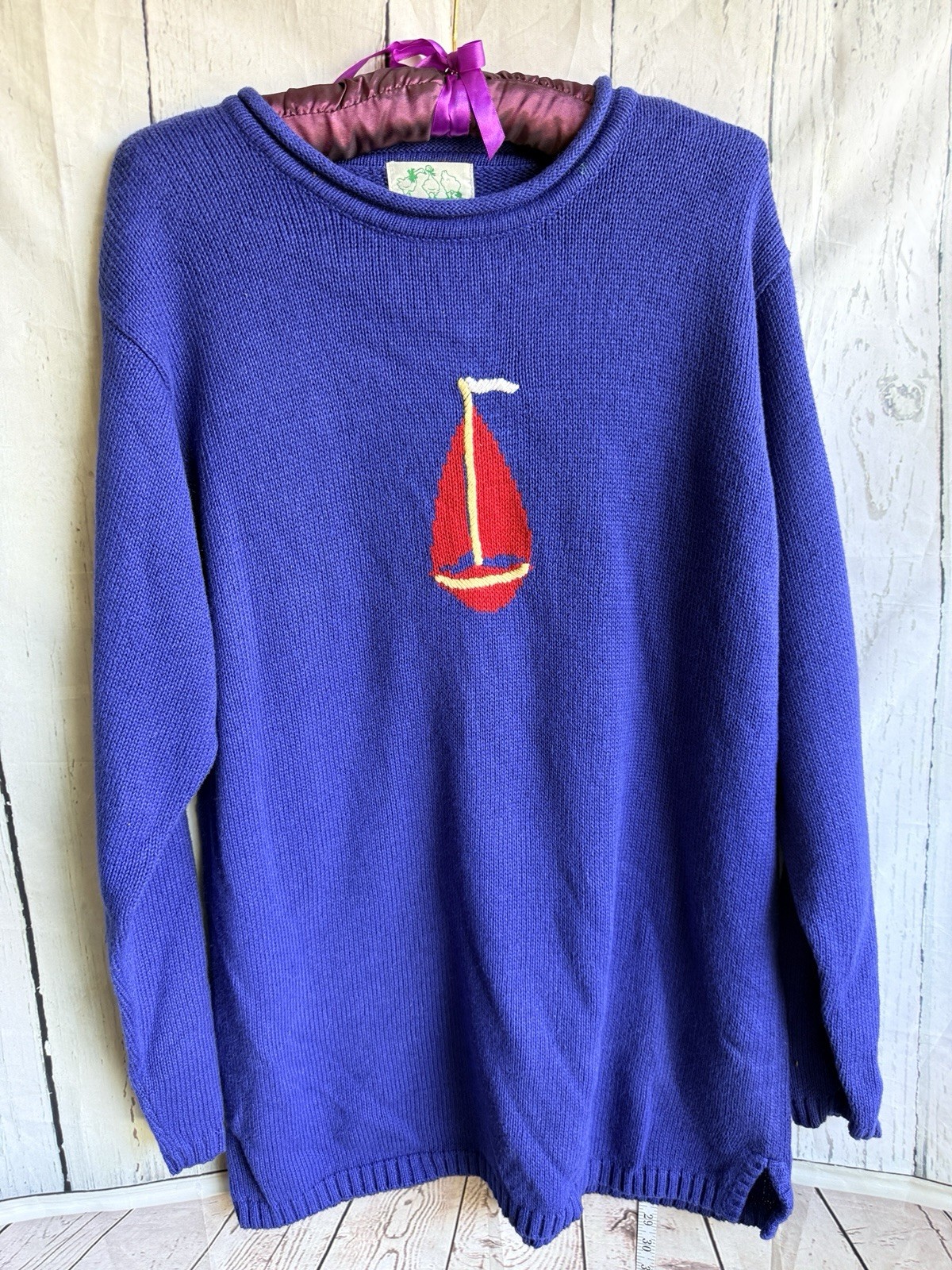 Vintage Sail Boat Nautical Red Blue Quacker Factory Sweater Teacher Whimsy L